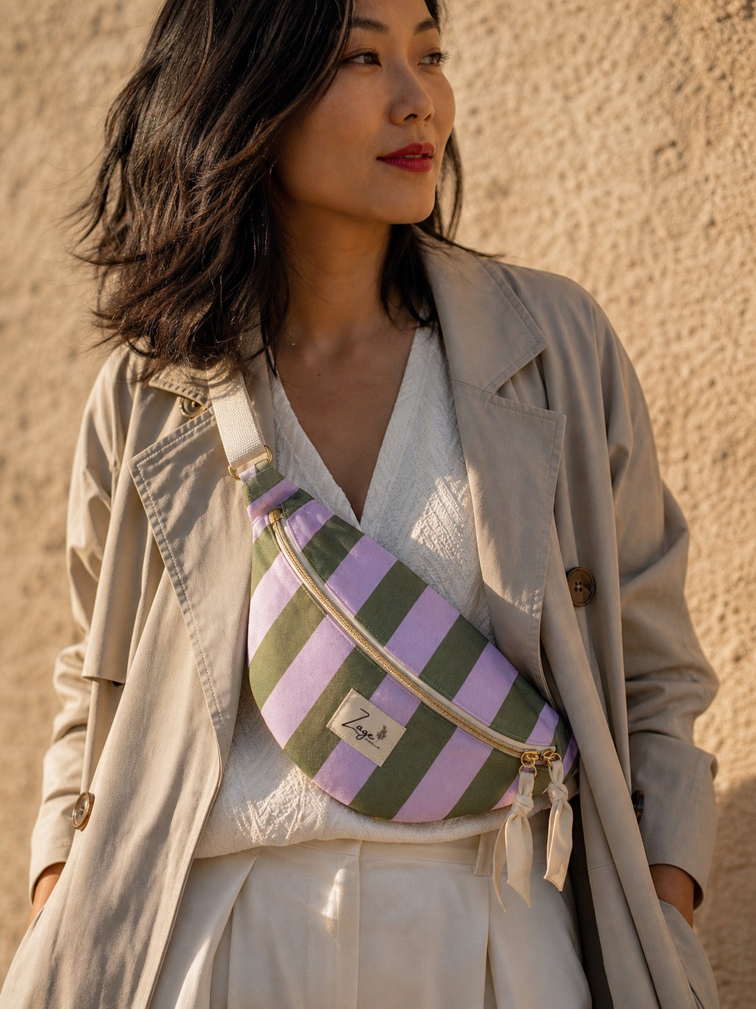 Sac banane femme Eté | Sergé de coton vert et lilas & doublure beigeSac Femme Zage Colorful Life