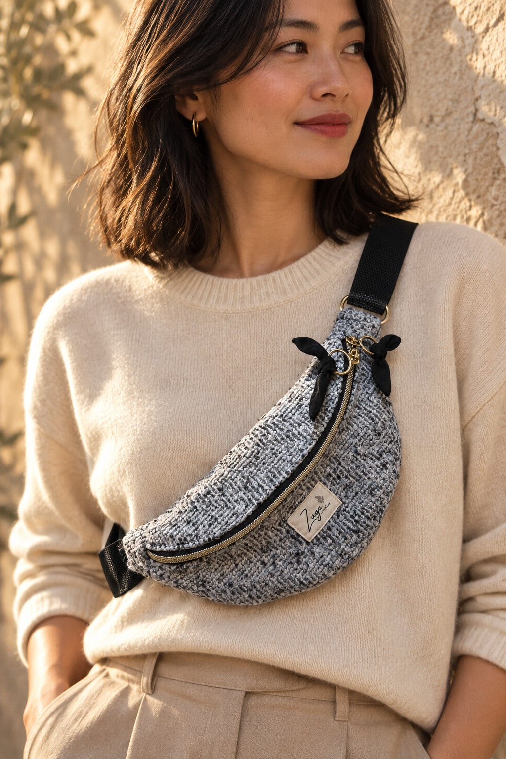Sac banane femme hiver | Laine mélangée gris noir blanc & doublure noireSac Femme Zage Colorful Life
