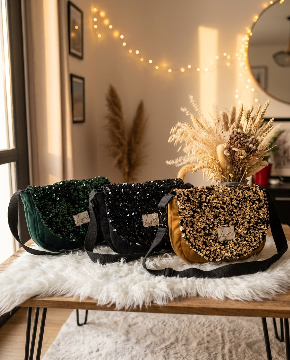 Sac Besace à rabat femme fête | Sequins, velours matelassé  & doublure noireSac Femme Zage Colorful Life