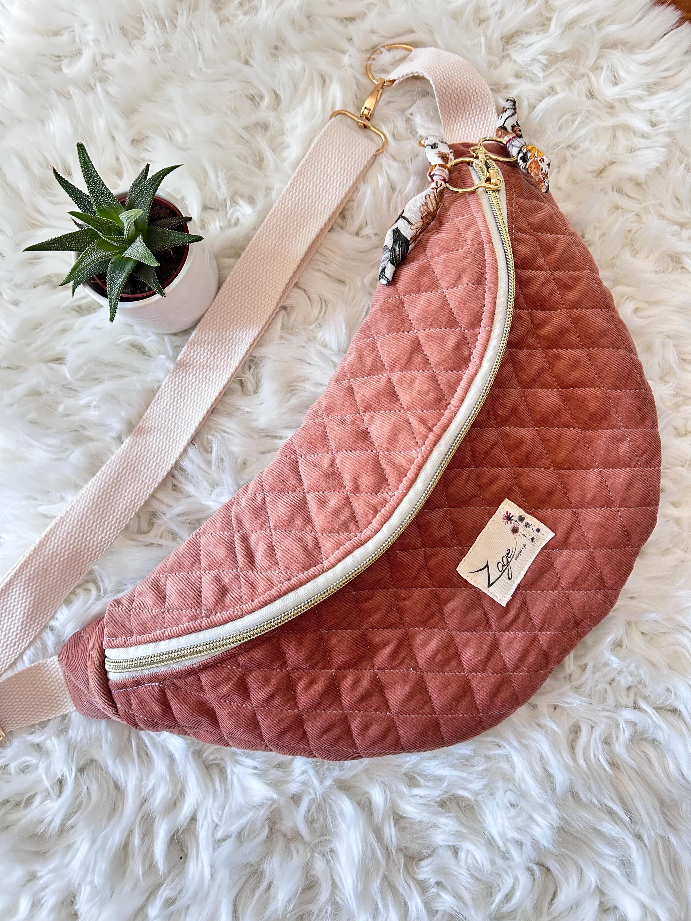 Sac banane femme hiver | Velours matelassé vieux rose & doublure gaze de coton fleurieSac Femme Zage Colorful Life