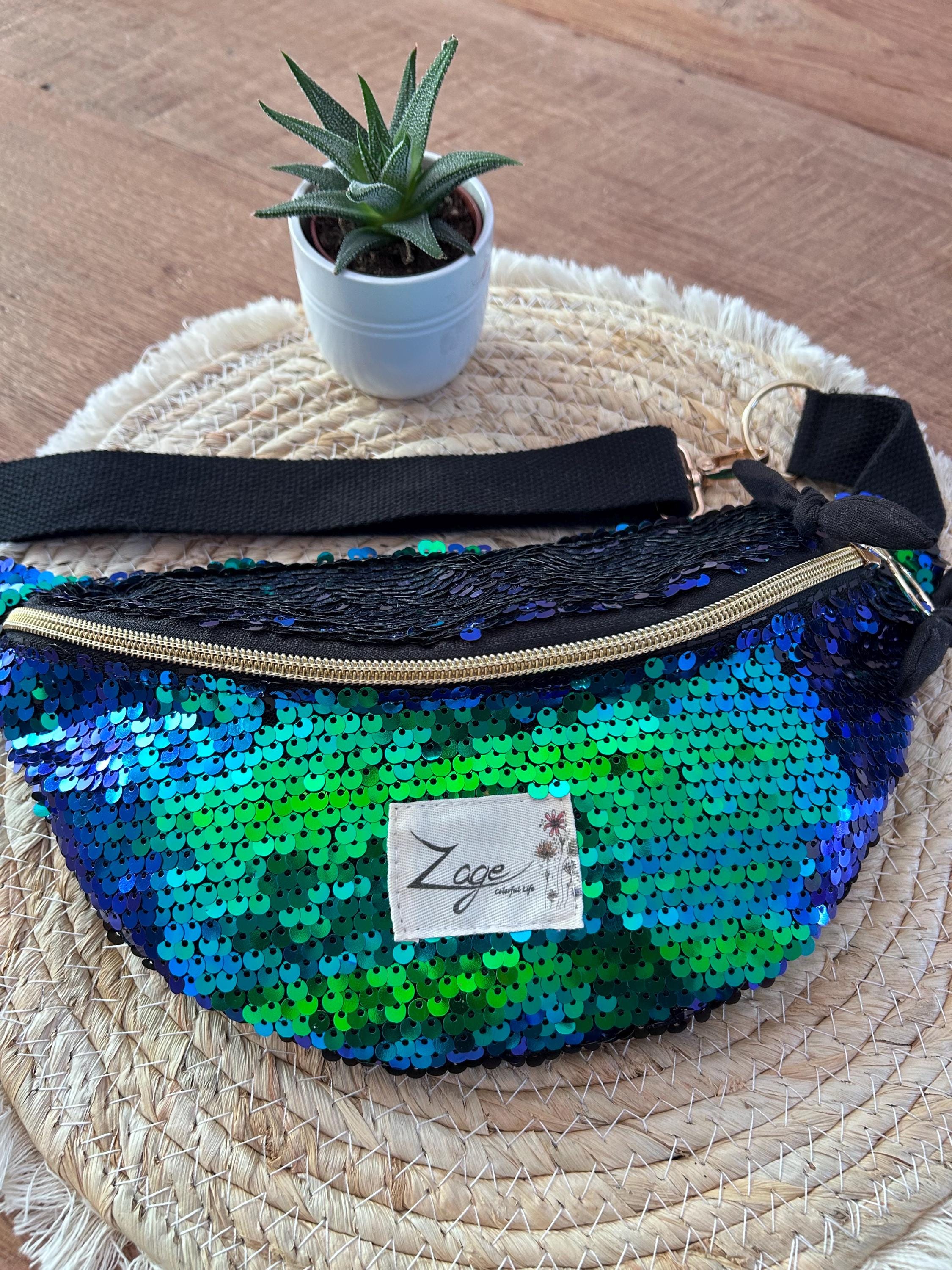 Sac banane femme fête | Sequins caméléon bleu vert violet & doublure noirSac Femme Zage Colorful Life