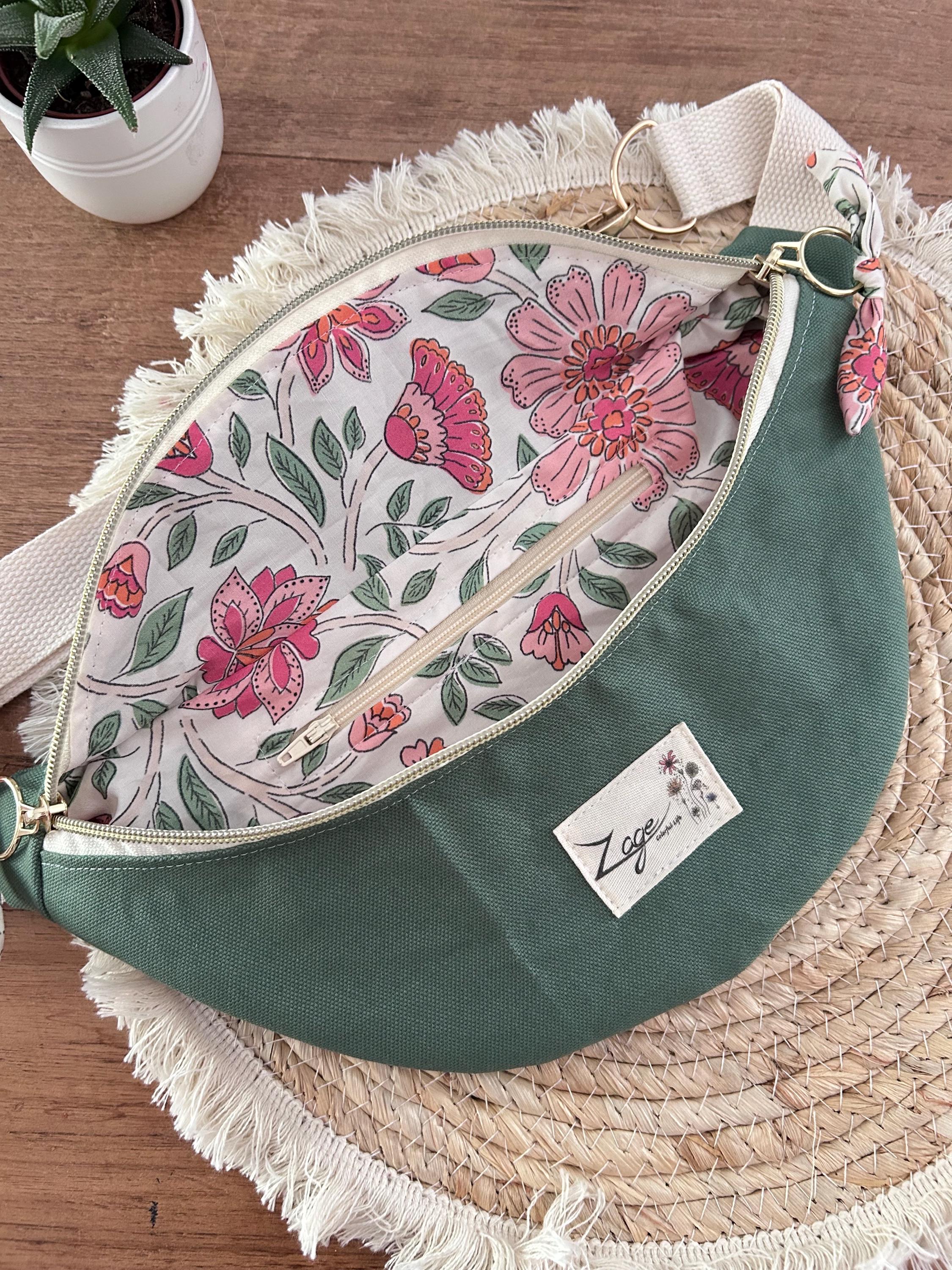 Sac banane femme été | Toile canvas vert olive & doublure fleurie roseSac Femme Zage Colorful Life