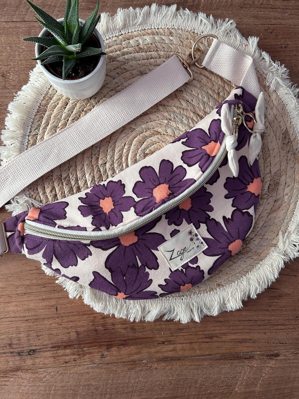 Sac banane femme été | Sweat molletonné marguerites violettes & doublure beigeSac Femme Zage Colorful Life