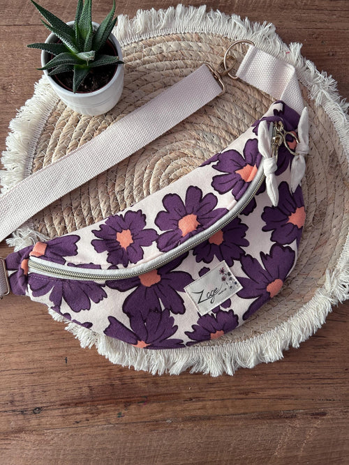 Sac banane femme été | Sweat molletonné marguerites violettes & doublure beigeSac Femme Zage Colorful Life