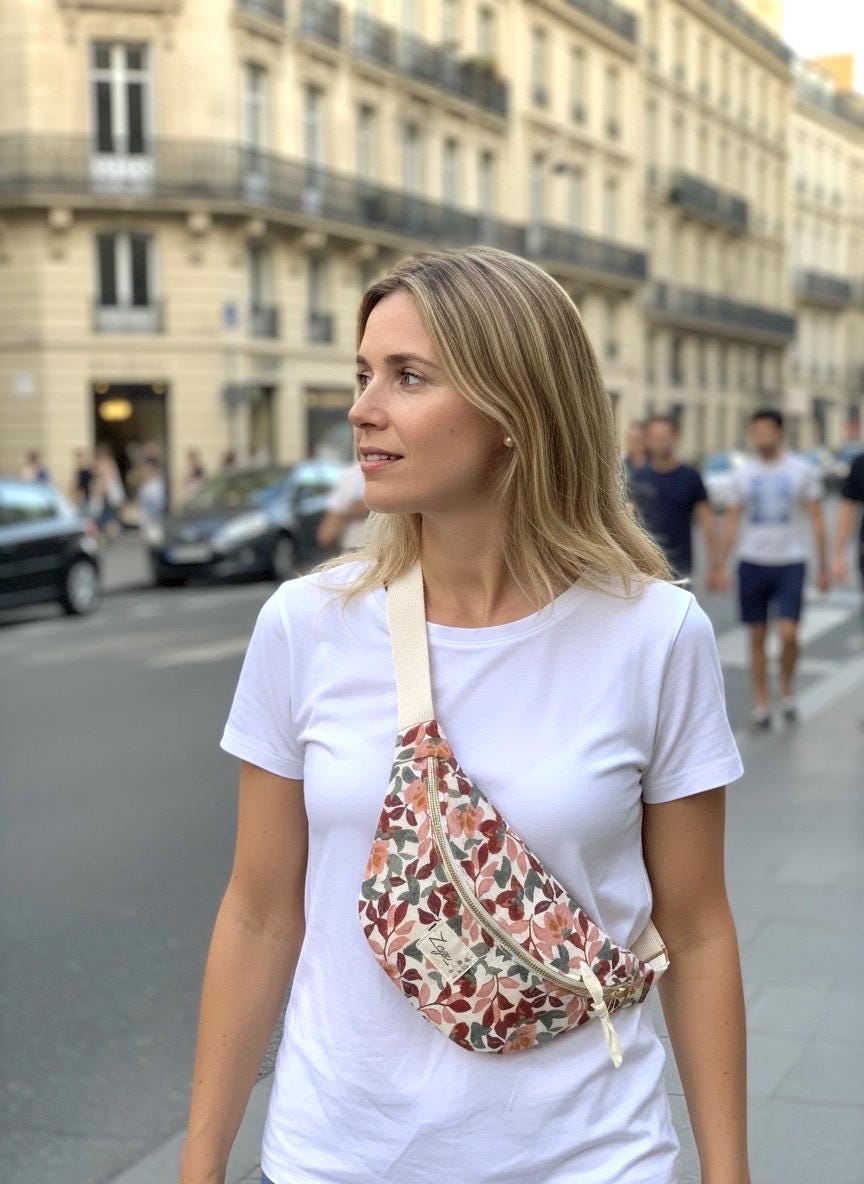 Sac Banane Femme | Gabardine Fleurs roses & doublure beigeSac Femme Zage Colorful Life