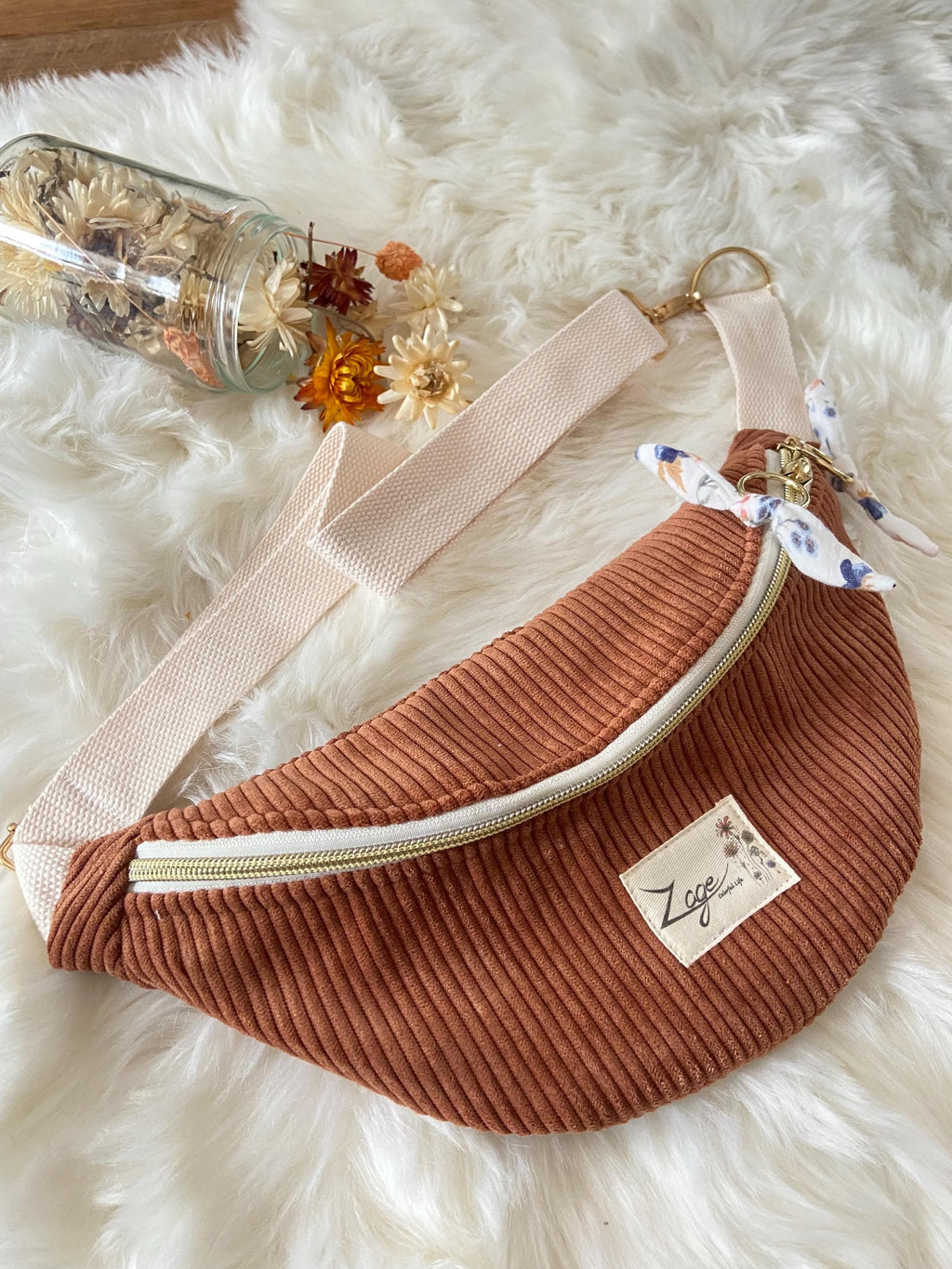 Sac banane femme hiver | Velours côtelé marron & doublure gaze de coton fleuriSac Femme Zage Colorful Life