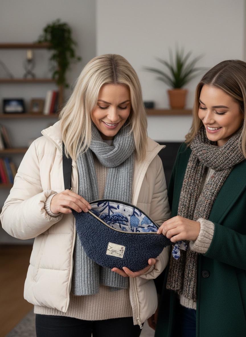 Sac banane femme hiver | Bouclettes bleues  & doublure tissu indien fleuri bleuSac Femme Zage Colorful Life