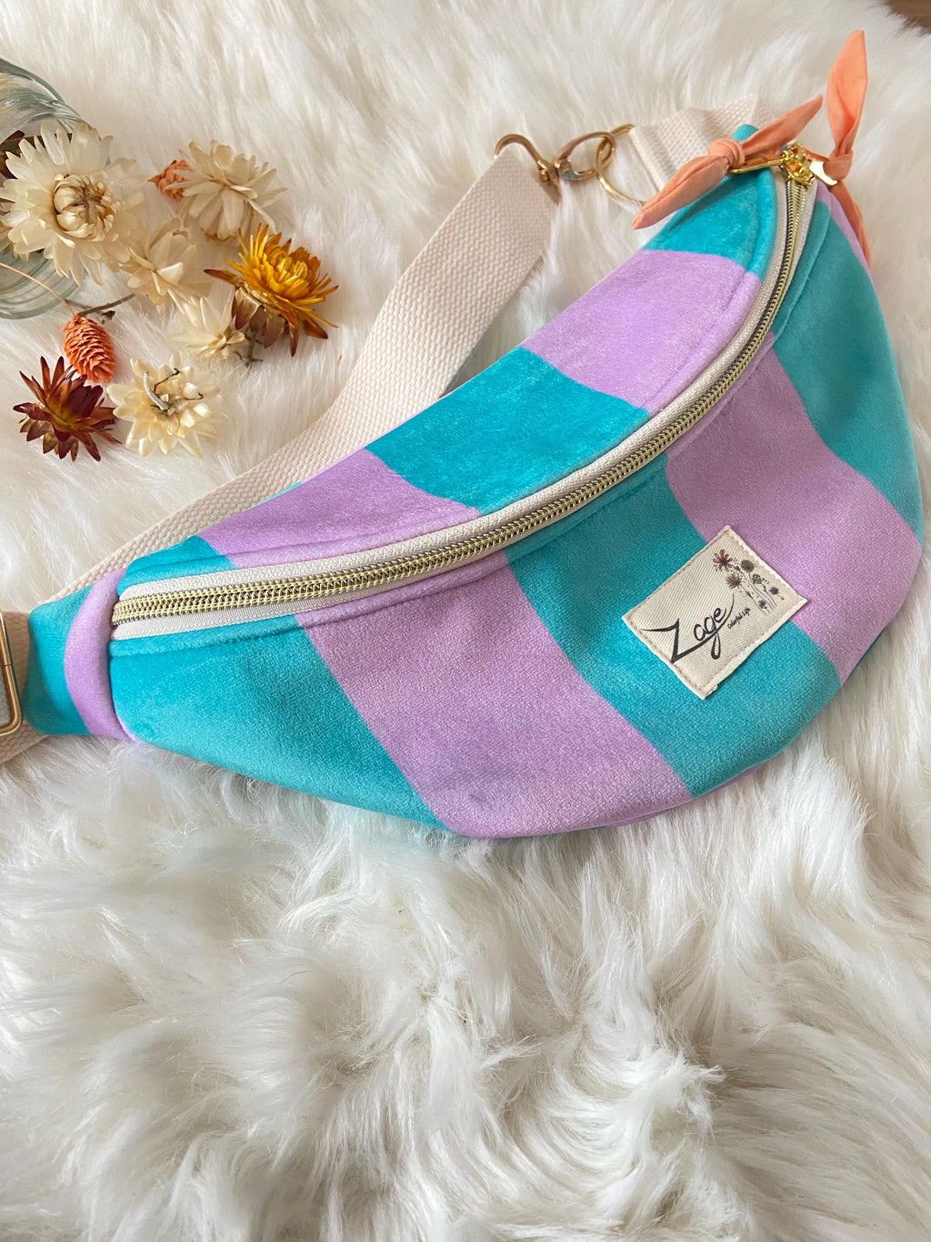 Sac banane femme hiver | Velours rayé turquoise et violet & doublure orangeSac Femme Zage Colorful Life