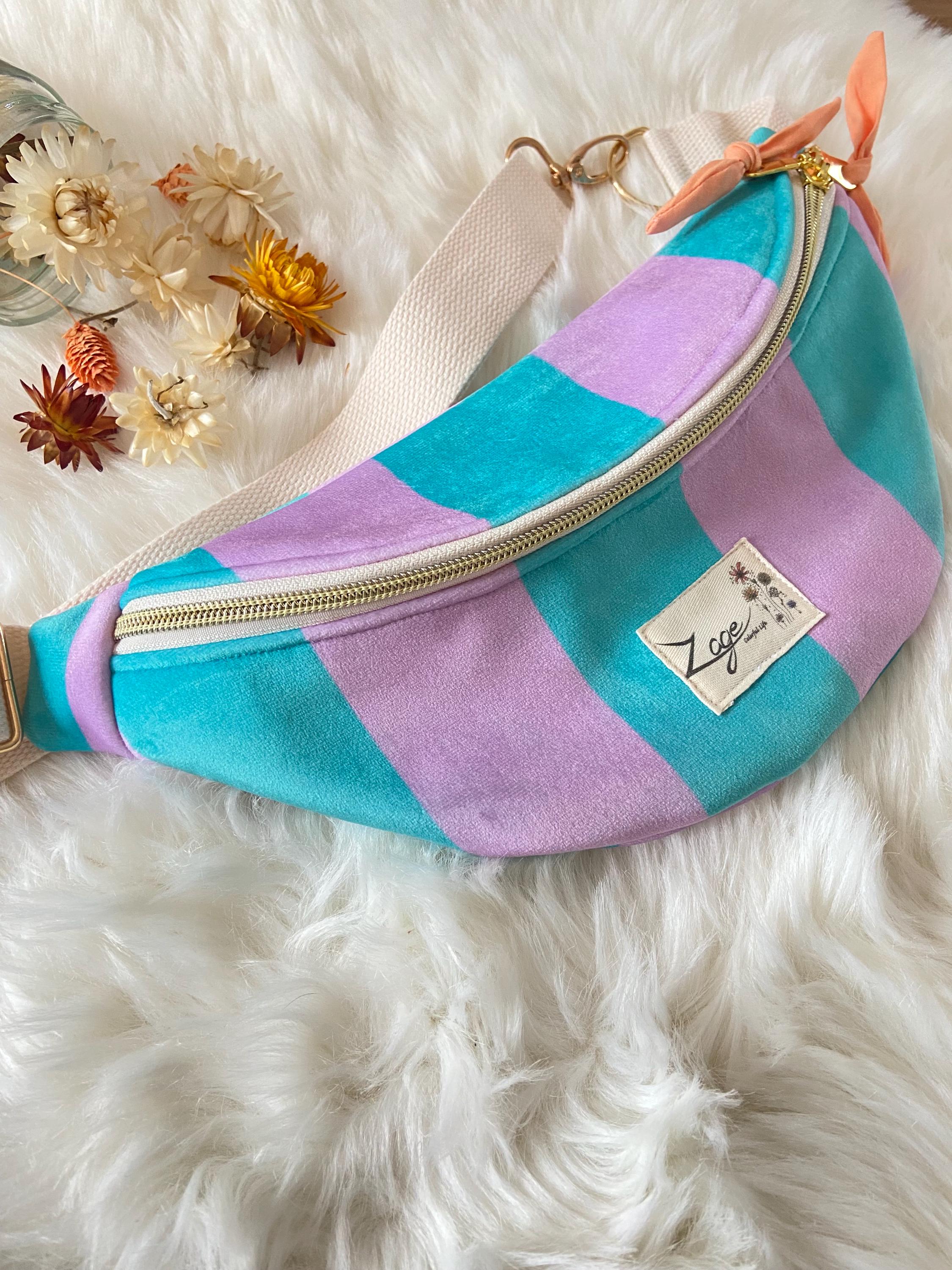 Sac banane femme hiver | Velours rayé turquoise et violet & doublure orangeSac Femme Zage Colorful Life