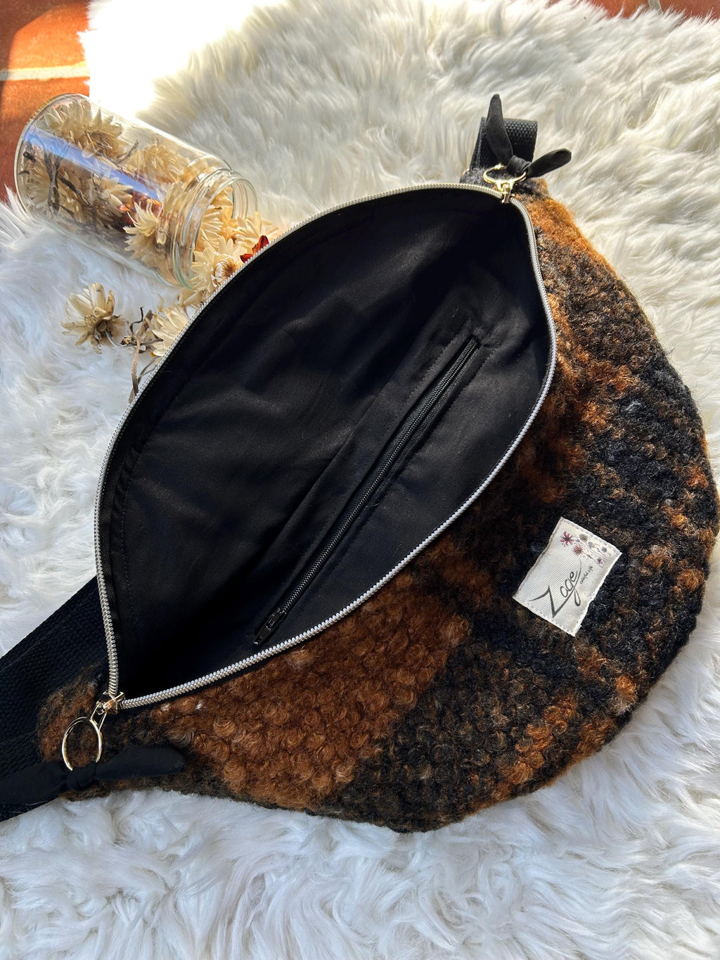 Sac banane femme hiver | Ecossaise bouclettes marron et noir & doublure noireSac Femme Zage Colorful Life