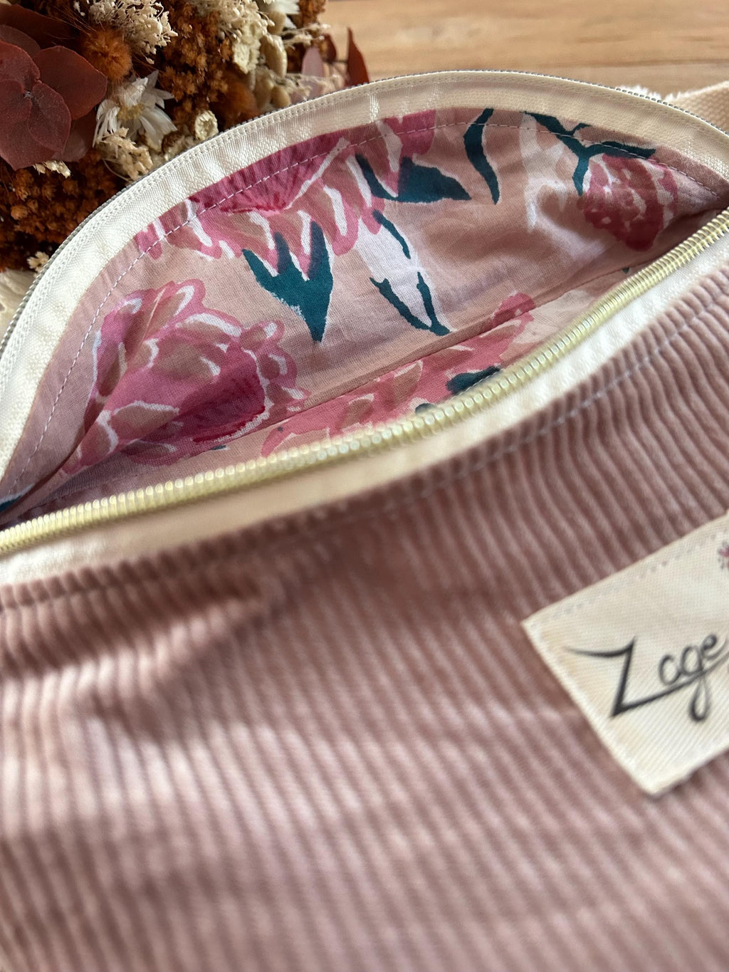 Sac banane femme hiver | Velours côtelé vieux rose & doublure fleurie roseSac Femme Zage Colorful Life