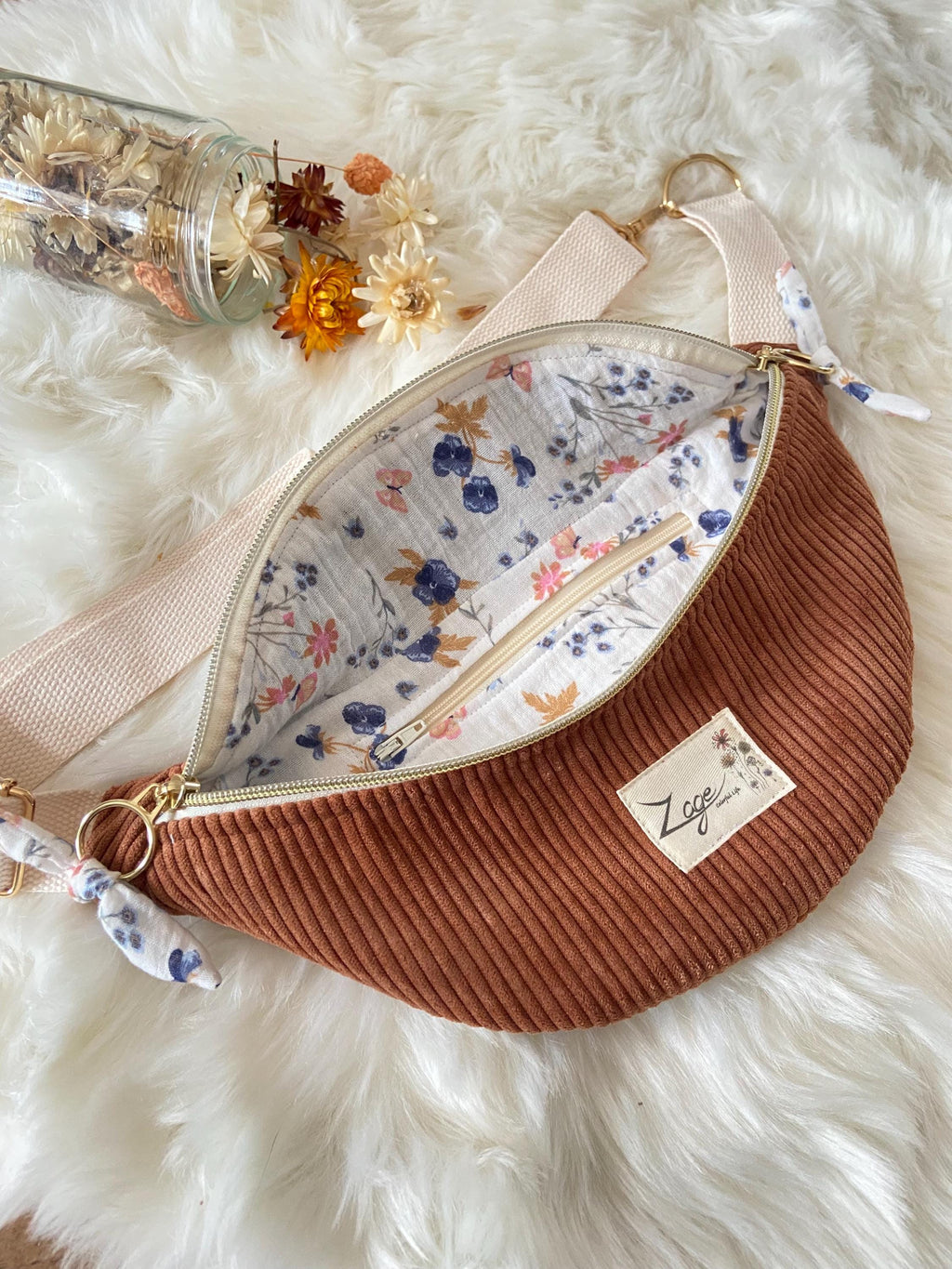 Sac banane femme hiver | Velours côtelé marron & doublure gaze de coton fleuriSac Femme Zage Colorful Life