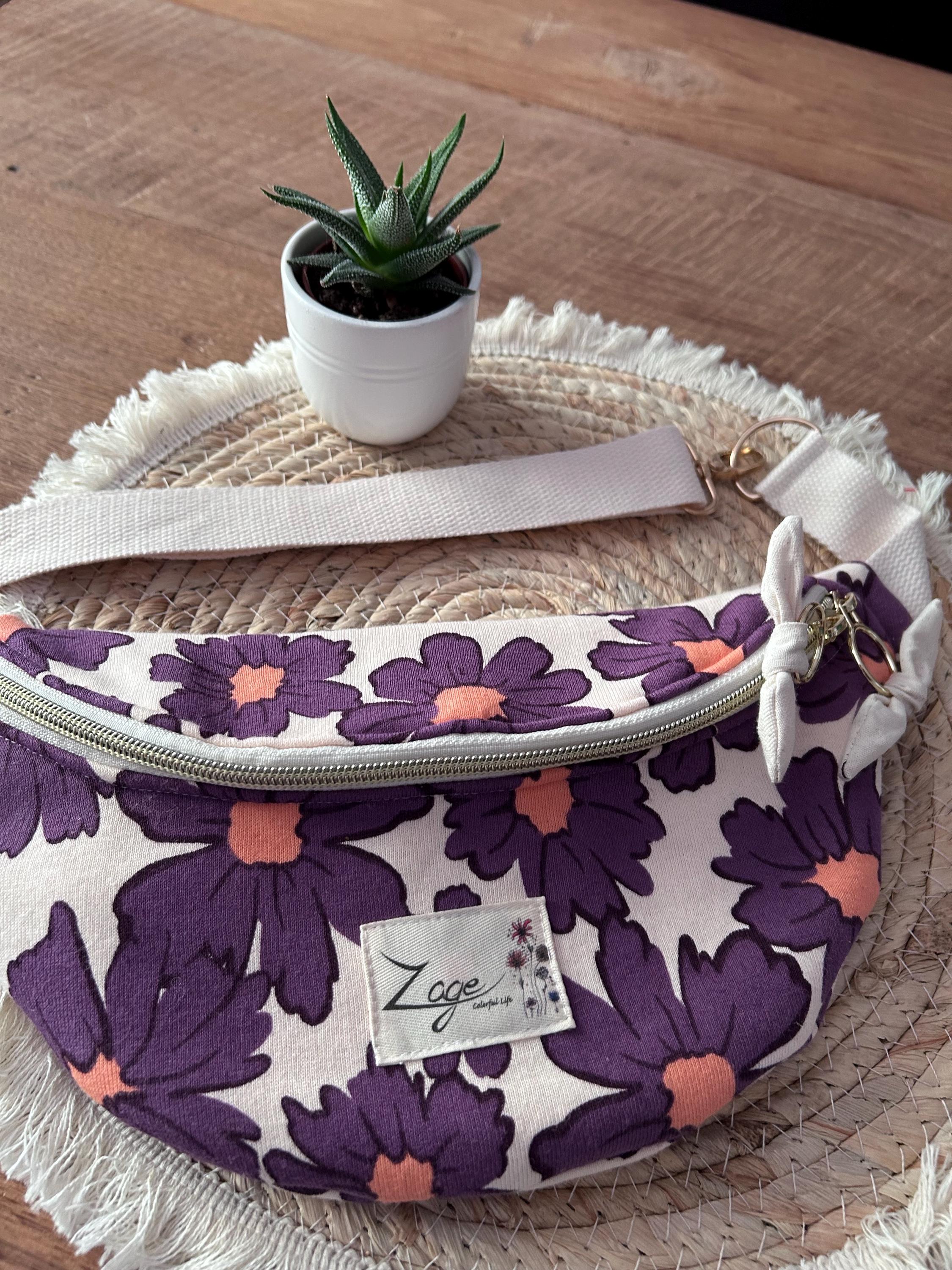 Sac banane femme été | Sweat molletonné marguerites violettes & doublure beigeSac Femme Zage Colorful Life
