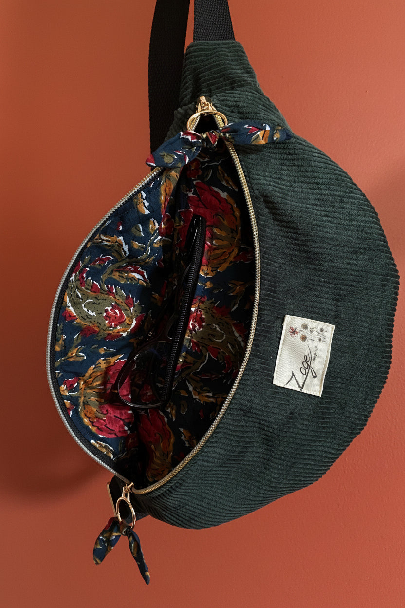 Sac banane femme hiver | Velours côtelé vert sapin & doublure tissu indien fleuriSac Femme Zage Colorful Life
