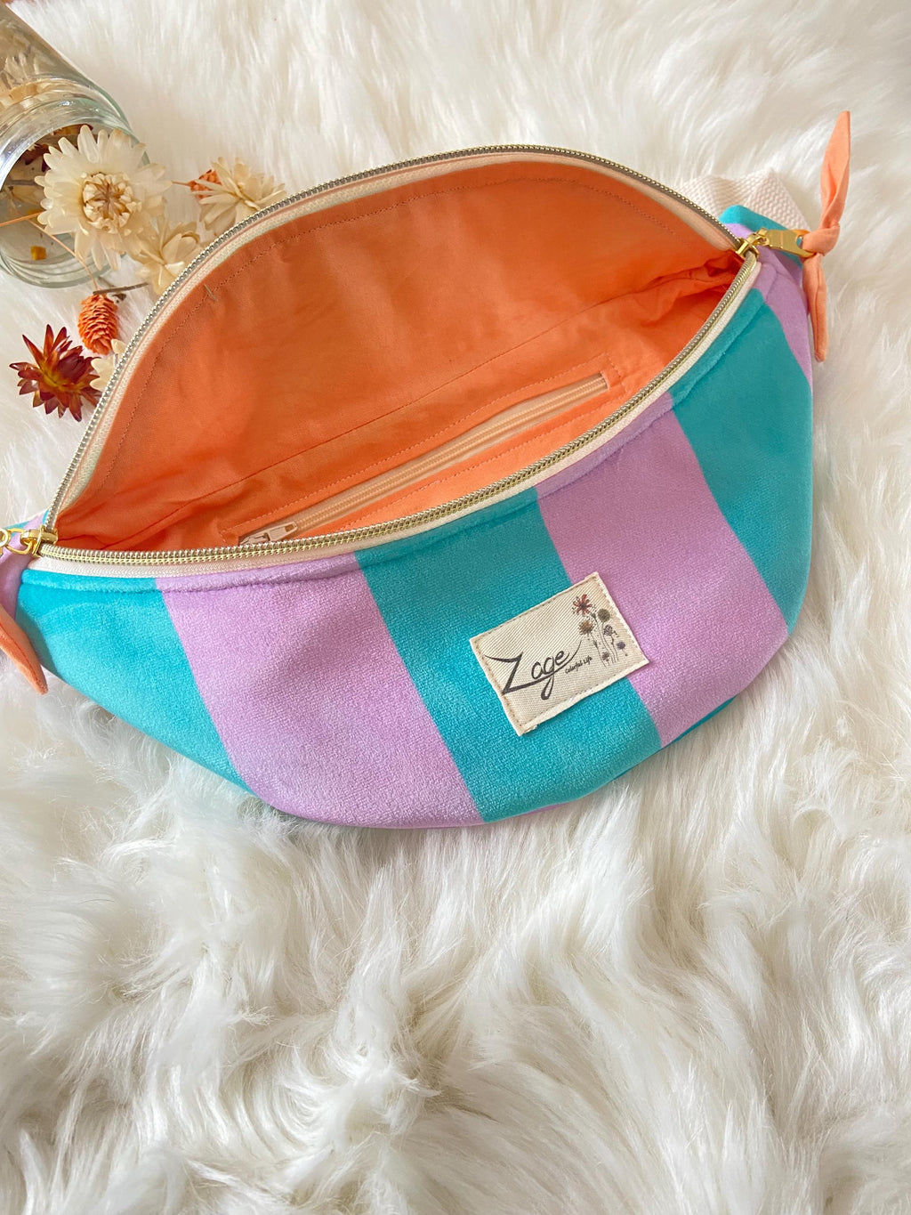 Sac banane femme hiver | Velours rayé turquoise et violet & doublure orangeSac Femme Zage Colorful Life