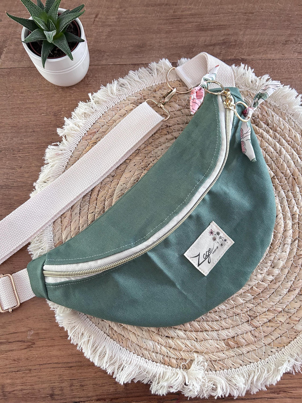 Sac banane femme été | Toile canvas vert olive & doublure fleurie roseSac Femme Zage Colorful Life