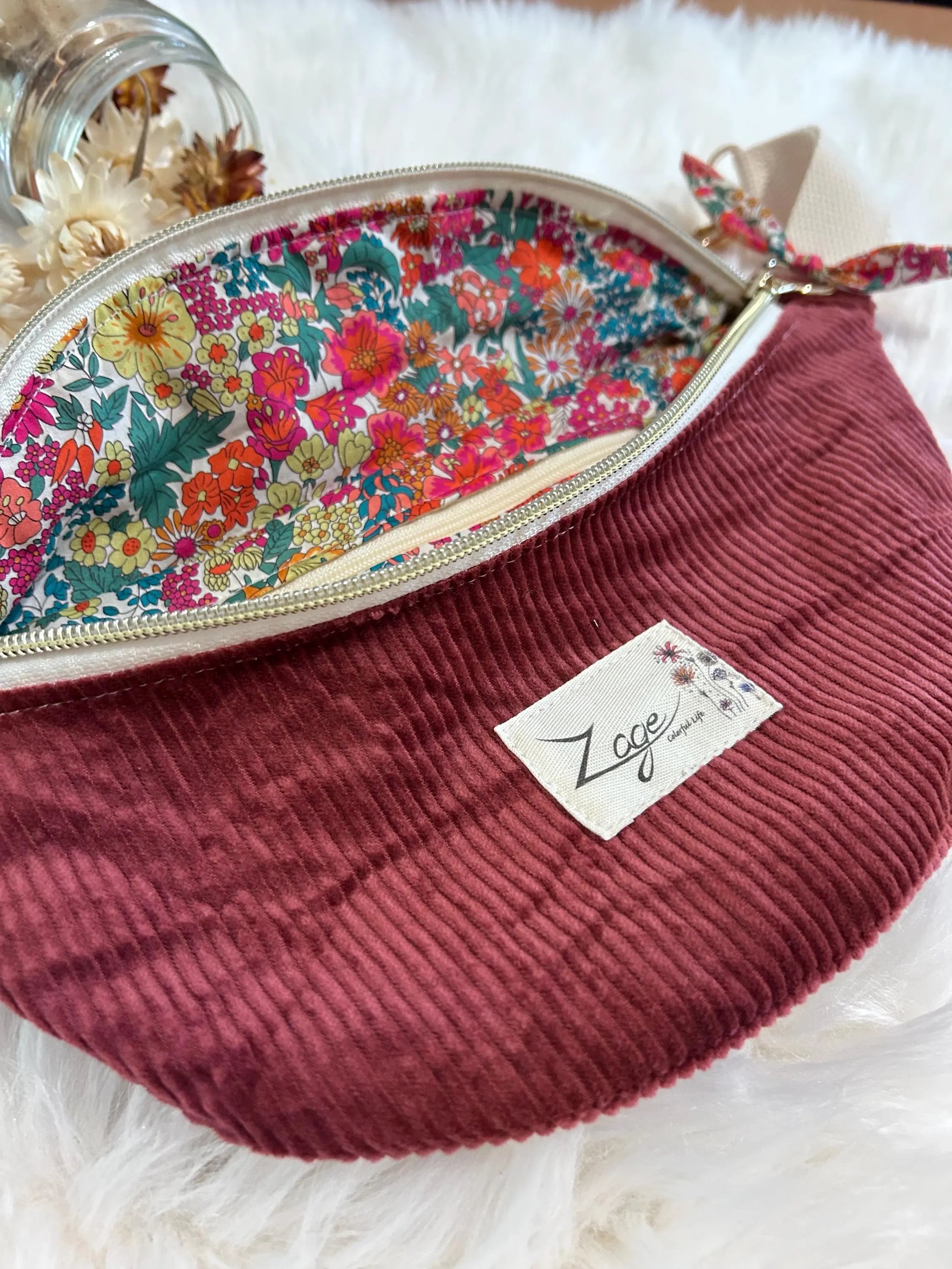 Sac banane femme hiver | Velours côtelé bordeau & doublure liberty vert et roseSac Femme Zage Colorful Life