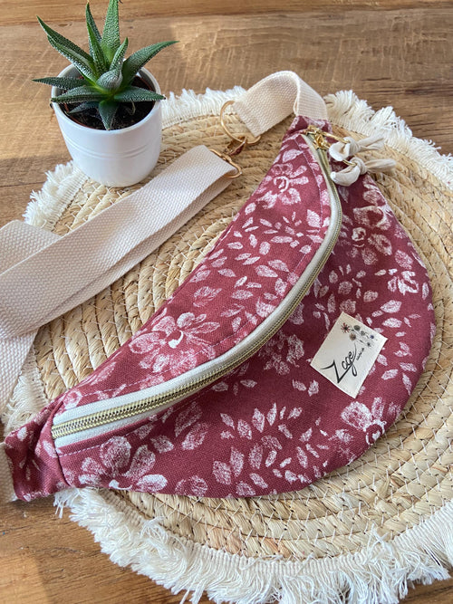 Sac Banane Femme Eté  -  Toile de coton brique fleurie  & doublure beigeSac Femme Zage Colorful Life
