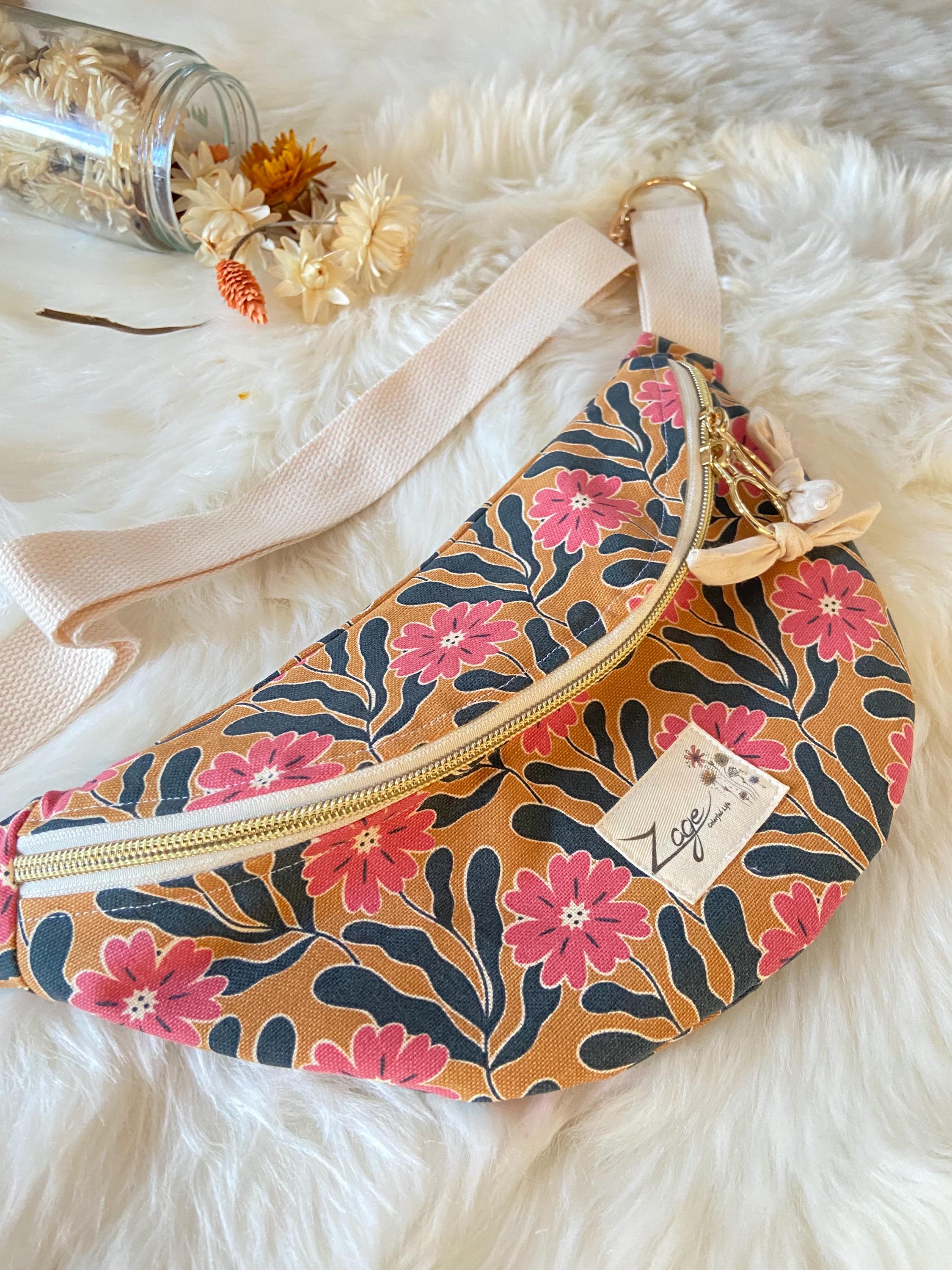 Sac banane Femme | Bachette Fleurie rose et moutarde & doublure beigeSac Femme Zage Colorful Life