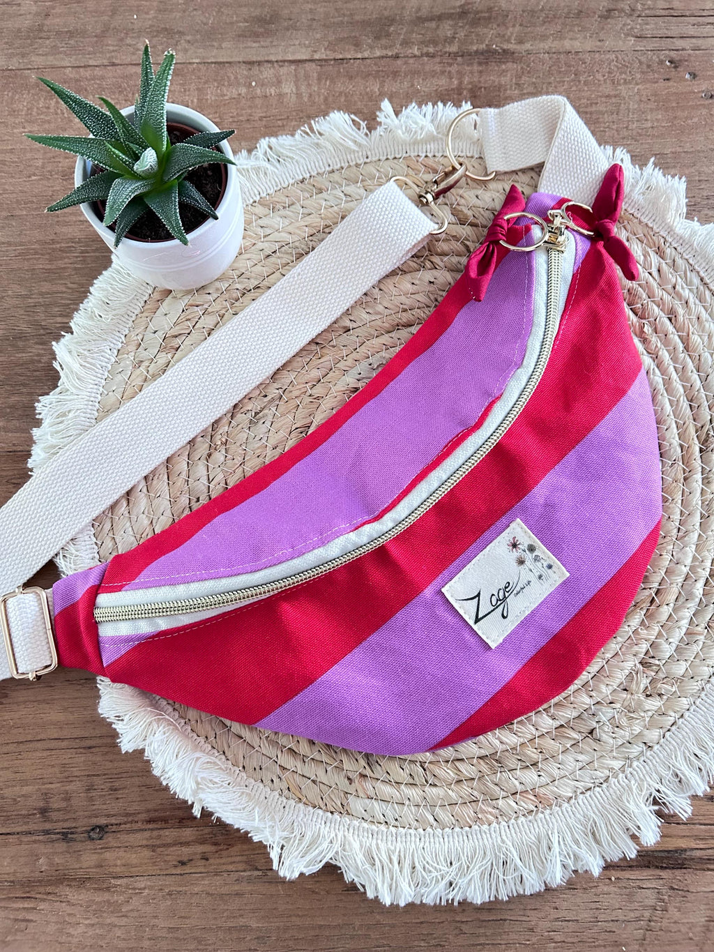 Sac banane femme été | Toile canvas rayée parme/rouge & doublure rougeSac Femme Zage Colorful Life