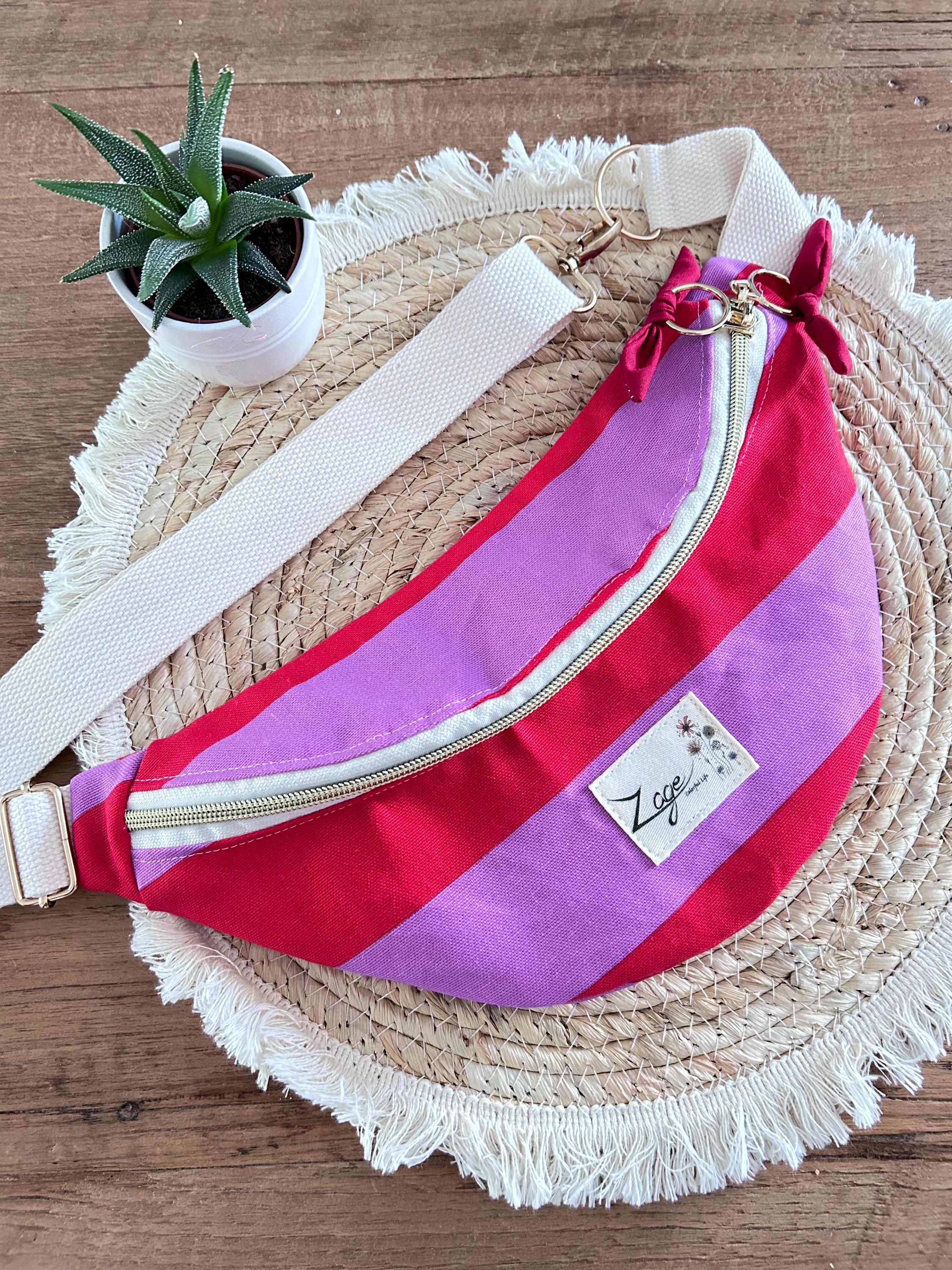 Sac banane femme été | Toile canvas rayée parme/rouge & doublure rougeSac Femme Zage Colorful Life
