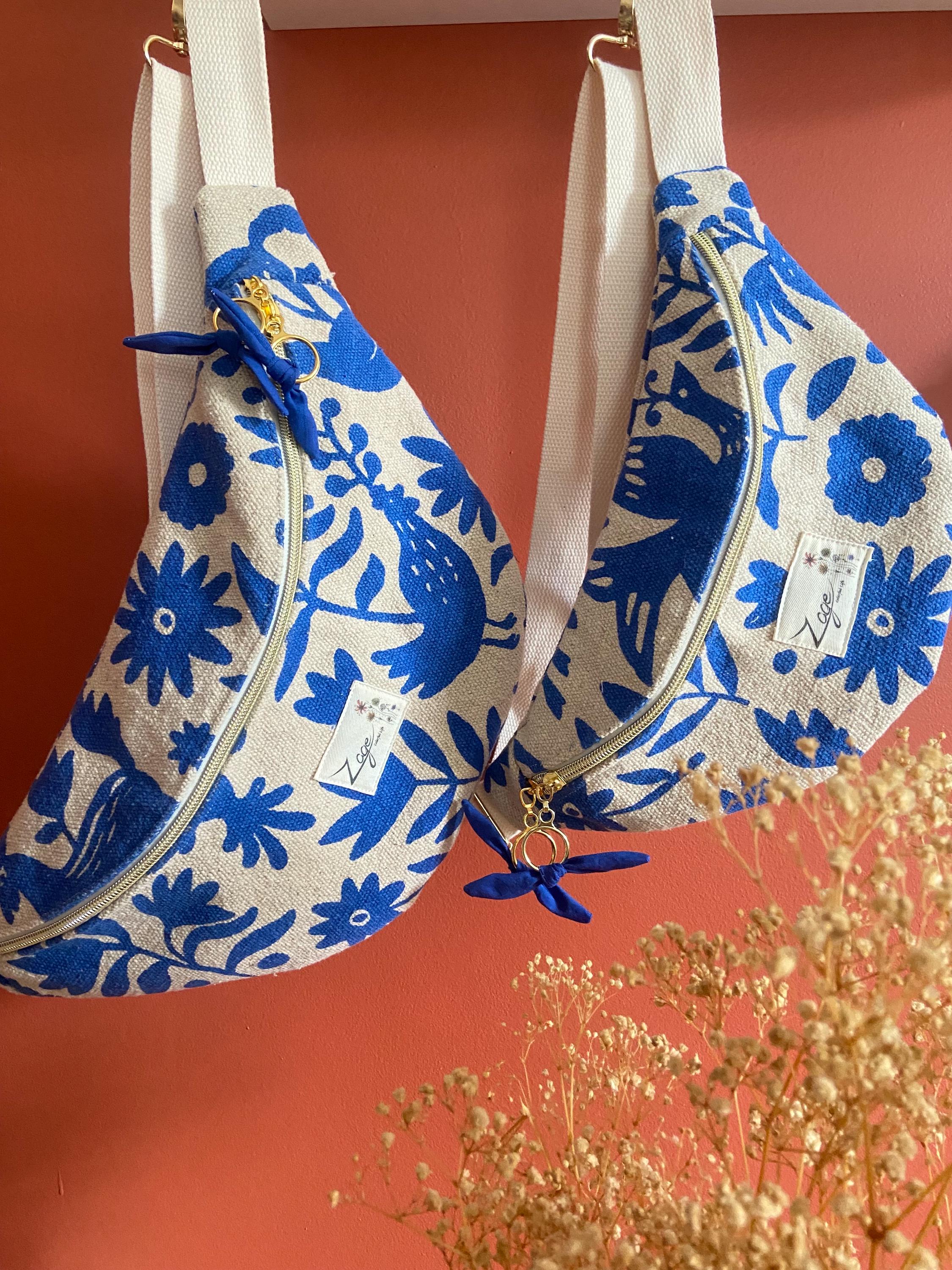 Sac banane femme Eté | toile indienne beige avec motifs bleus  & doublure bleuSac Femme Zage Colorful Life