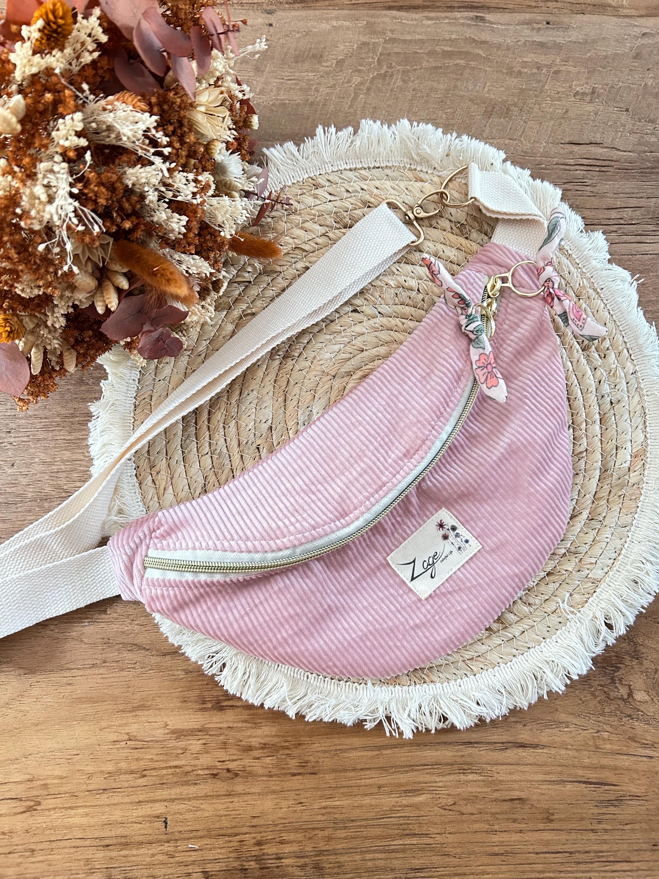 Sac banane femme hiver | Velours côtelé rose & doublure gaze de coton fleuri roseSac Femme Zage Colorful Life