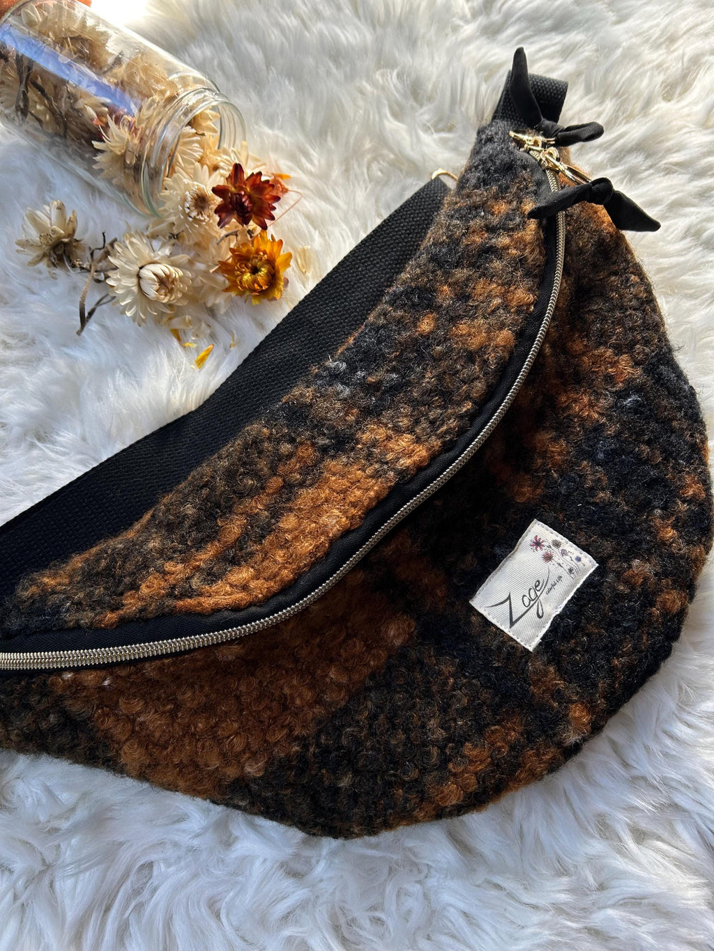 Sac banane femme hiver | Ecossaise bouclettes marron et noir & doublure noireSac Femme Zage Colorful Life