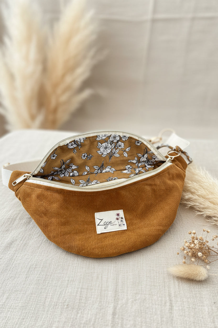Sac banane femme hiver | Velours côtelé marron ocre & doublure fleurie ocreSac Femme Zage Colorful Life
