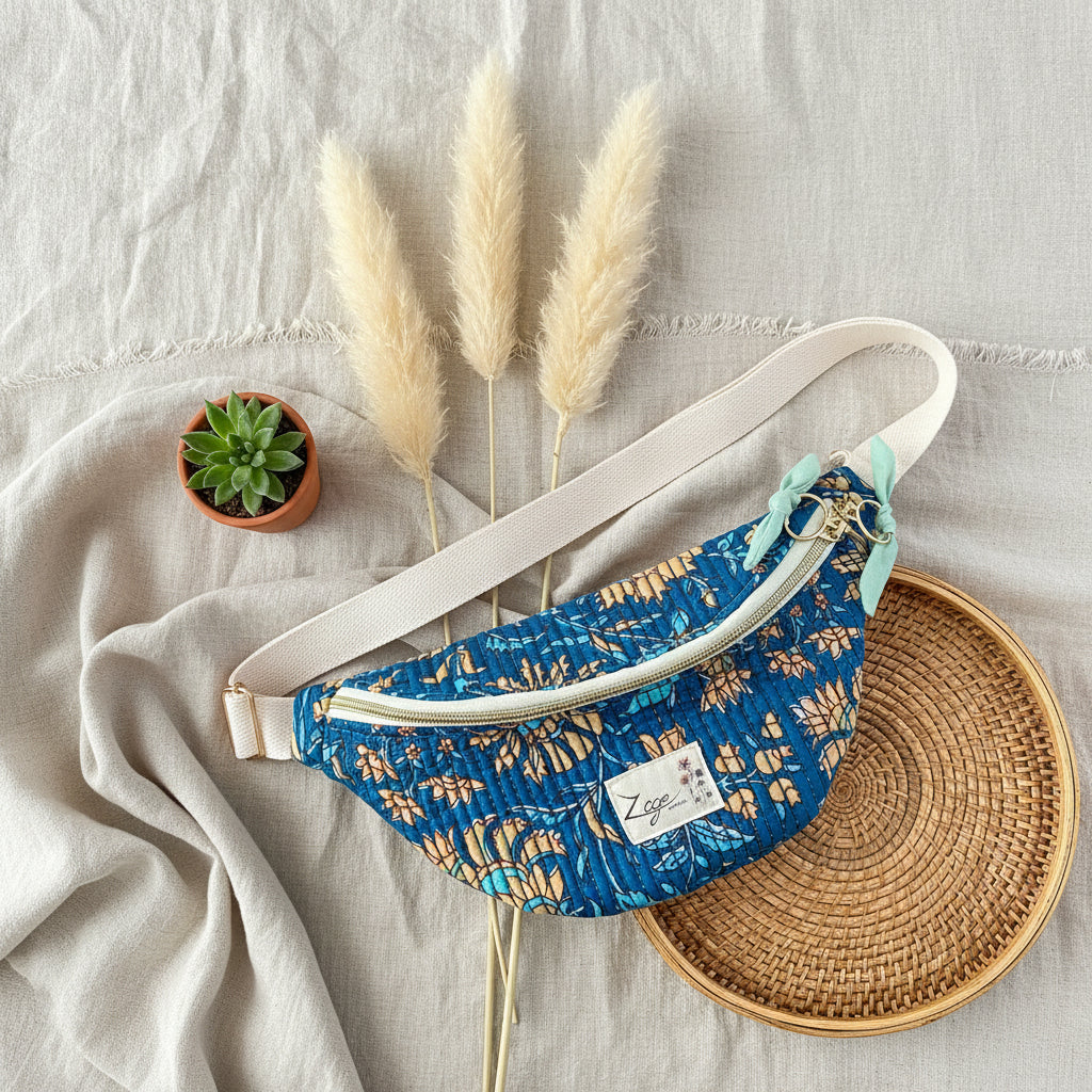 Sac banane femme Matelassé | Tissu matelassé indy motifs ocre sur fond bleu & doublure bleu vertSac Femme Zage Colorful Life