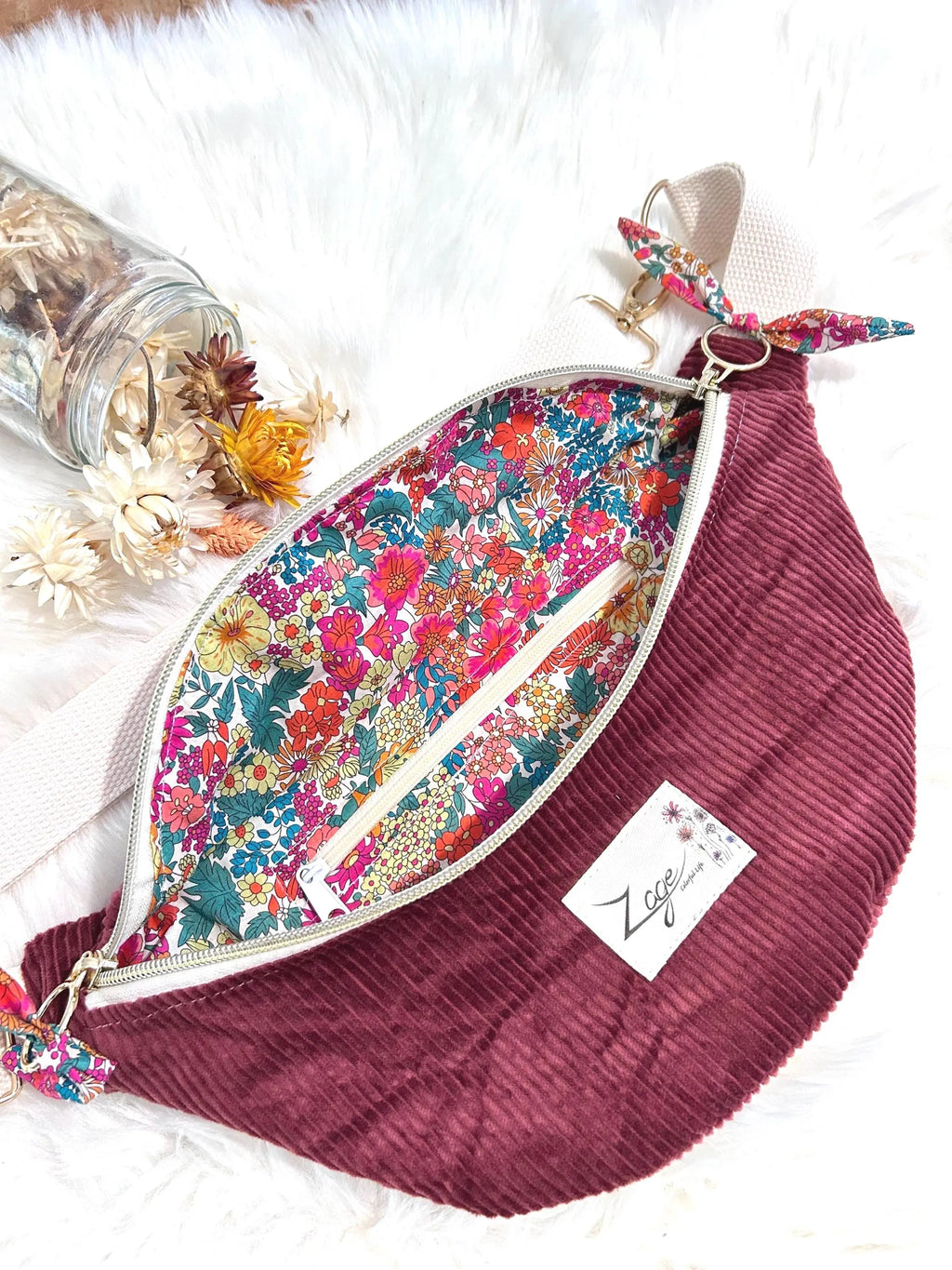 Sac banane femme hiver | Velours côtelé bordeau & doublure liberty vert et roseSac Femme Zage Colorful Life
