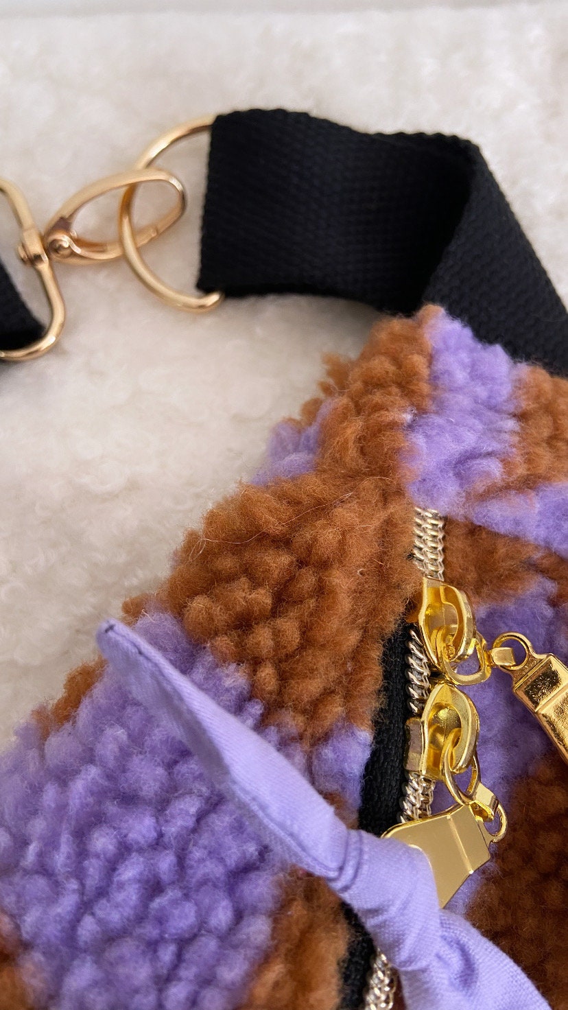 Sac banane femme hiver | Bouclettes/sherpa graphique violet marron & doublure violetteSac Femme Zage Colorful Life