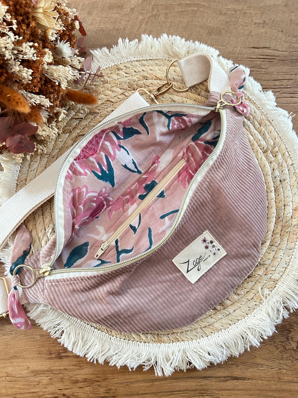 Sac banane femme hiver | Velours côtelé vieux rose & doublure fleurie roseSac Femme Zage Colorful Life