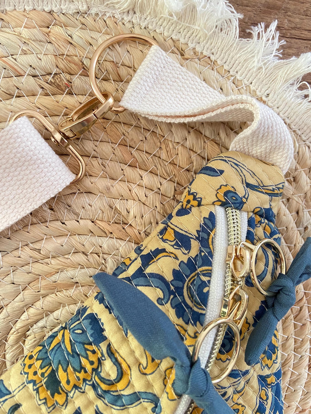 Sac Banane Femme | Matelassé motifs Indy bleu sur fond jaune & doublure bleu pétroleSac Femme Zage Colorful Life