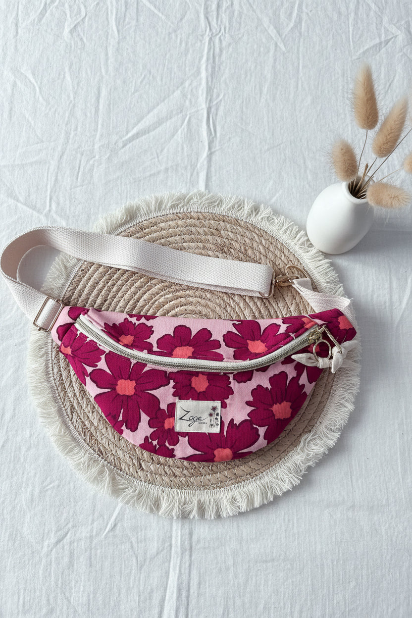 Sac banane Femme |Sweat molletonné Marguerites roses fond rose & doublure beigeSac Femme Zage Colorful Life