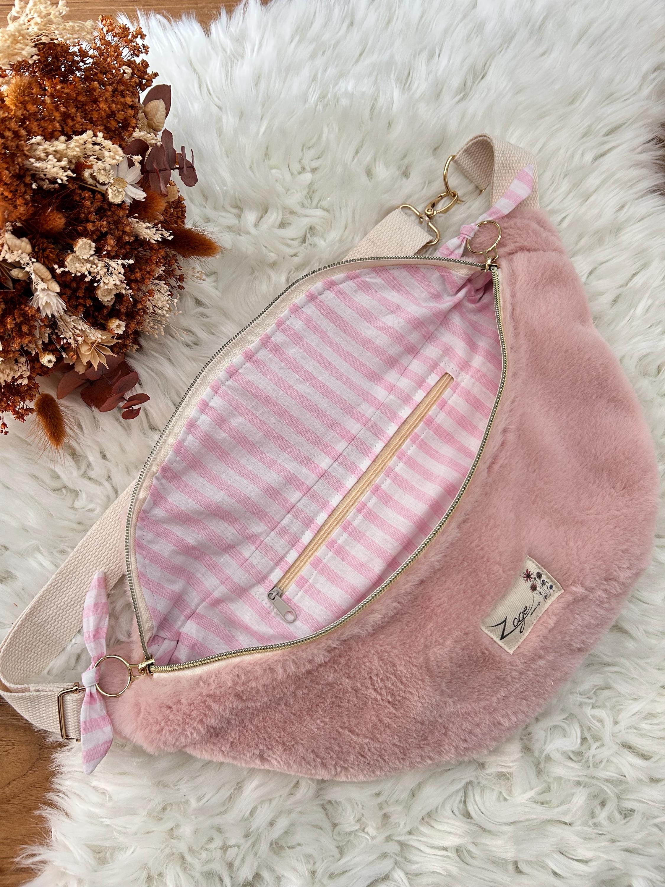 Sac banane femme hiver | Fausse fourrure rose & doublure rayures rosesSac Femme Zage Colorful Life