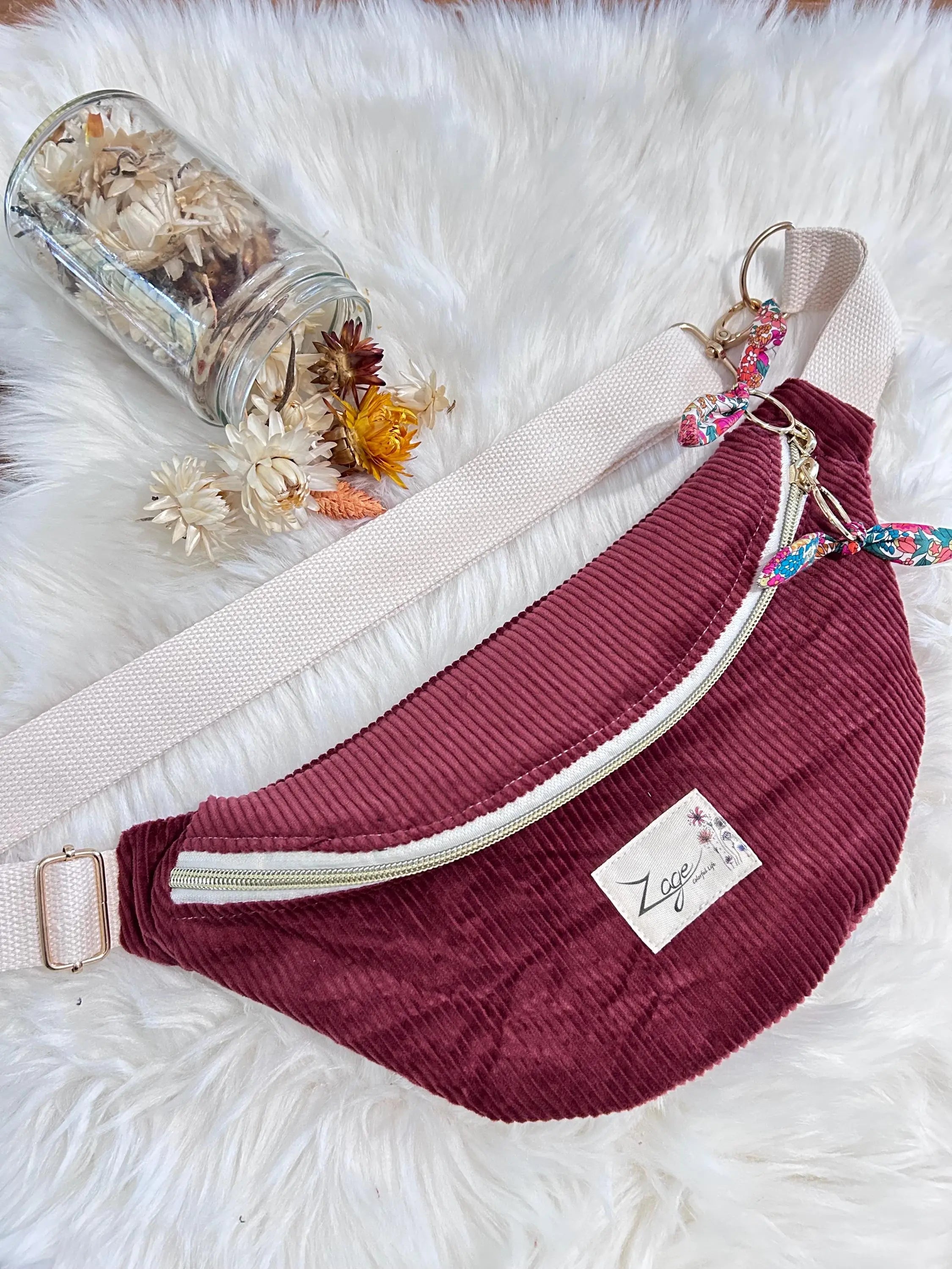 Sac banane femme hiver | Velours côtelé bordeau & doublure liberty vert et roseSac Femme Zage Colorful Life