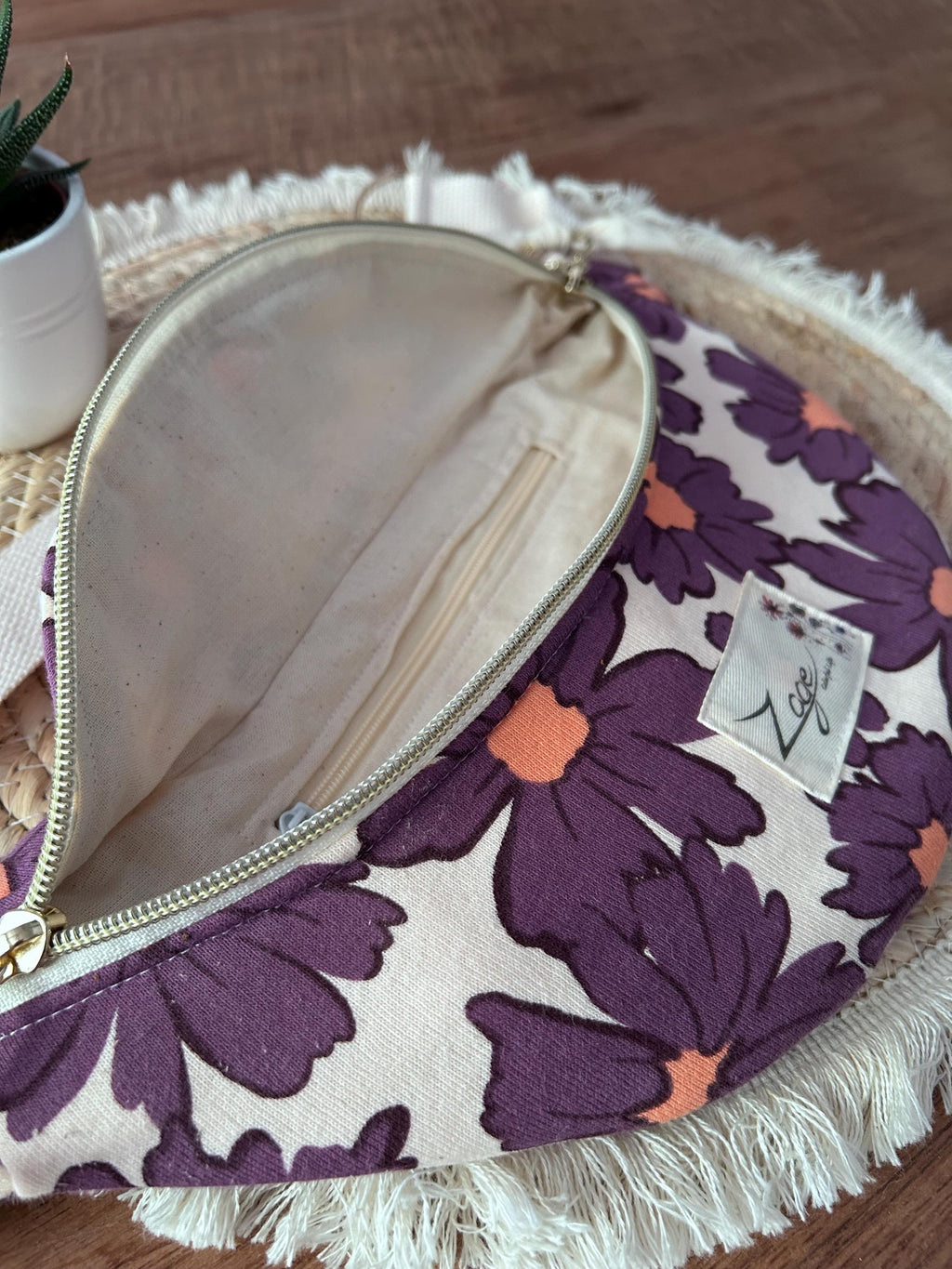 Sac banane femme été | Sweat molletonné marguerites violettes & doublure beigeSac Femme Zage Colorful Life