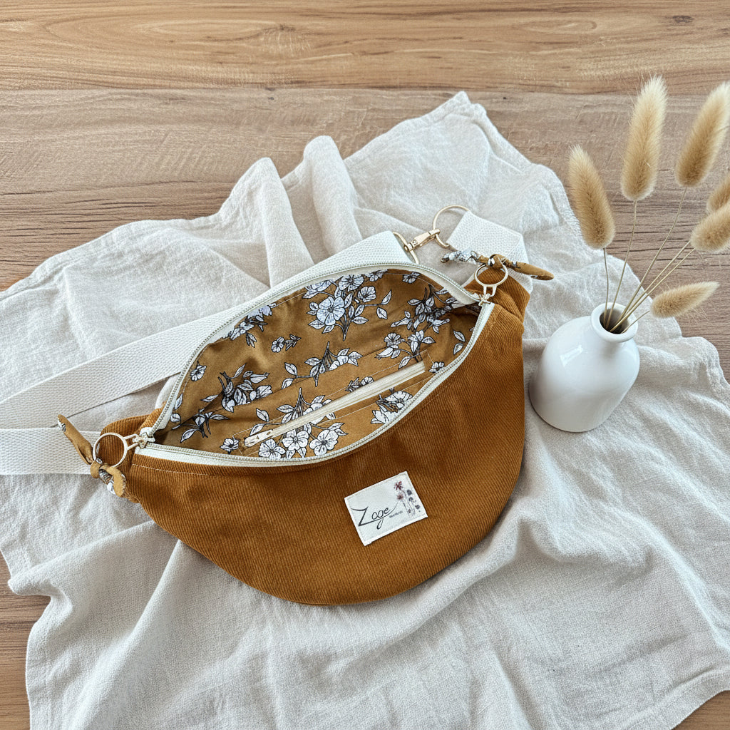 Sac banane femme hiver | Velours côtelé marron ocre & doublure fleurie ocreSac Femme Zage Colorful Life