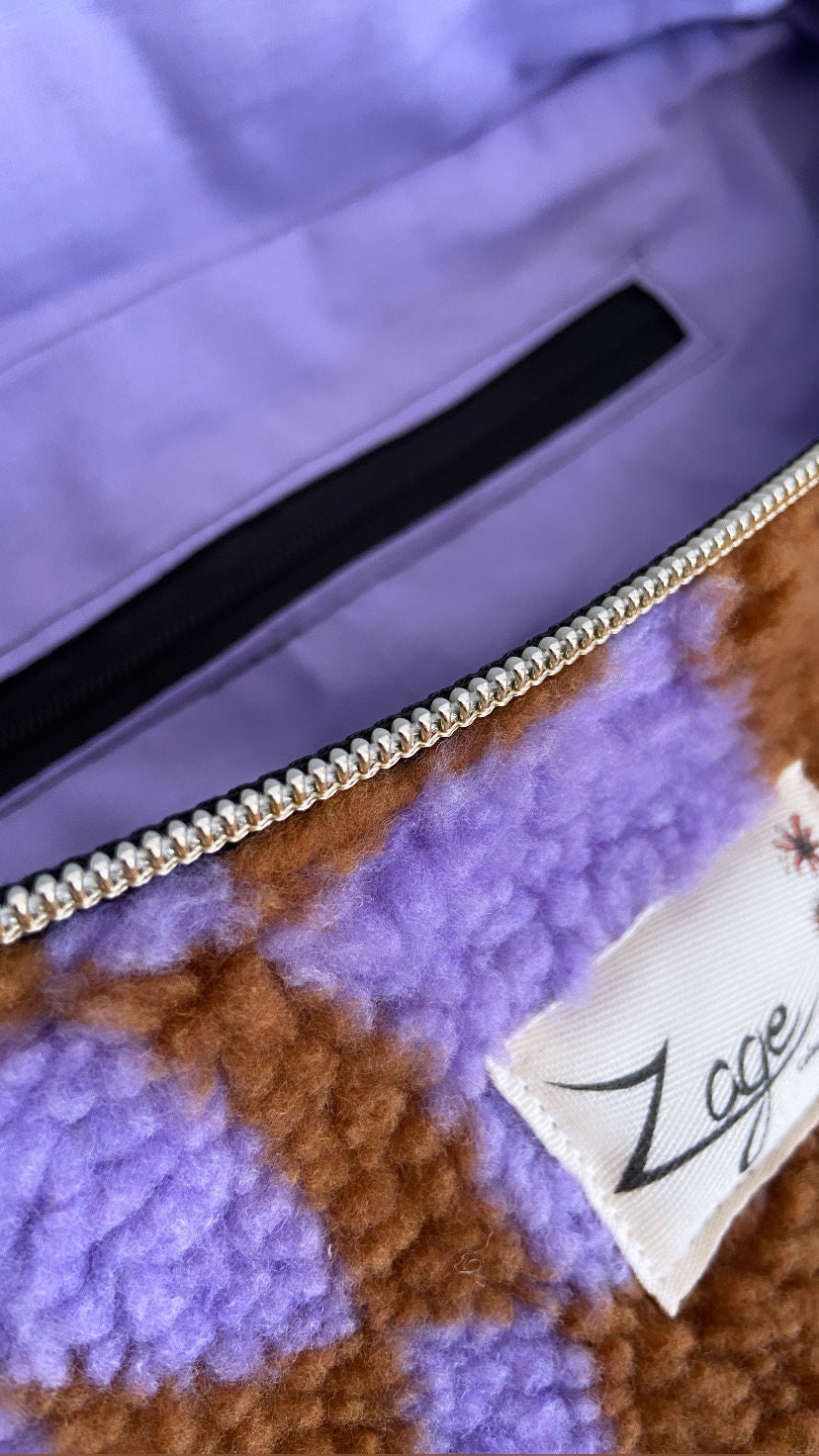 Sac banane femme hiver | Bouclettes/sherpa graphique violet marron & doublure violetteSac Femme Zage Colorful Life