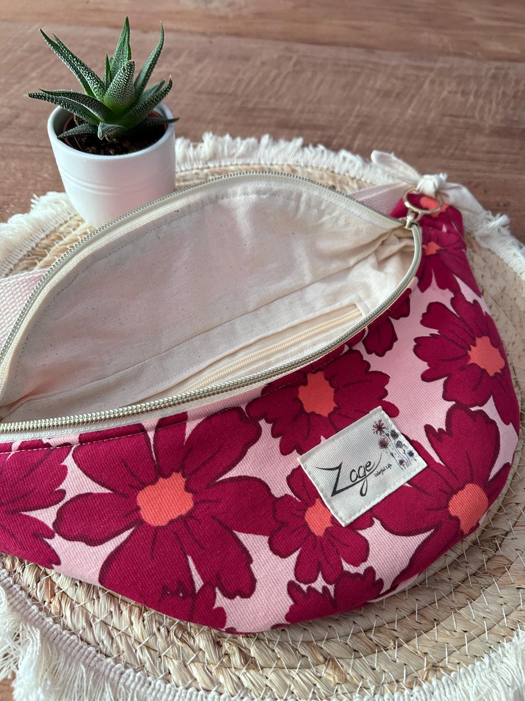 Sac banane Femme |Sweat molletonné Marguerites roses fond rose & doublure beigeSac Femme Zage Colorful Life