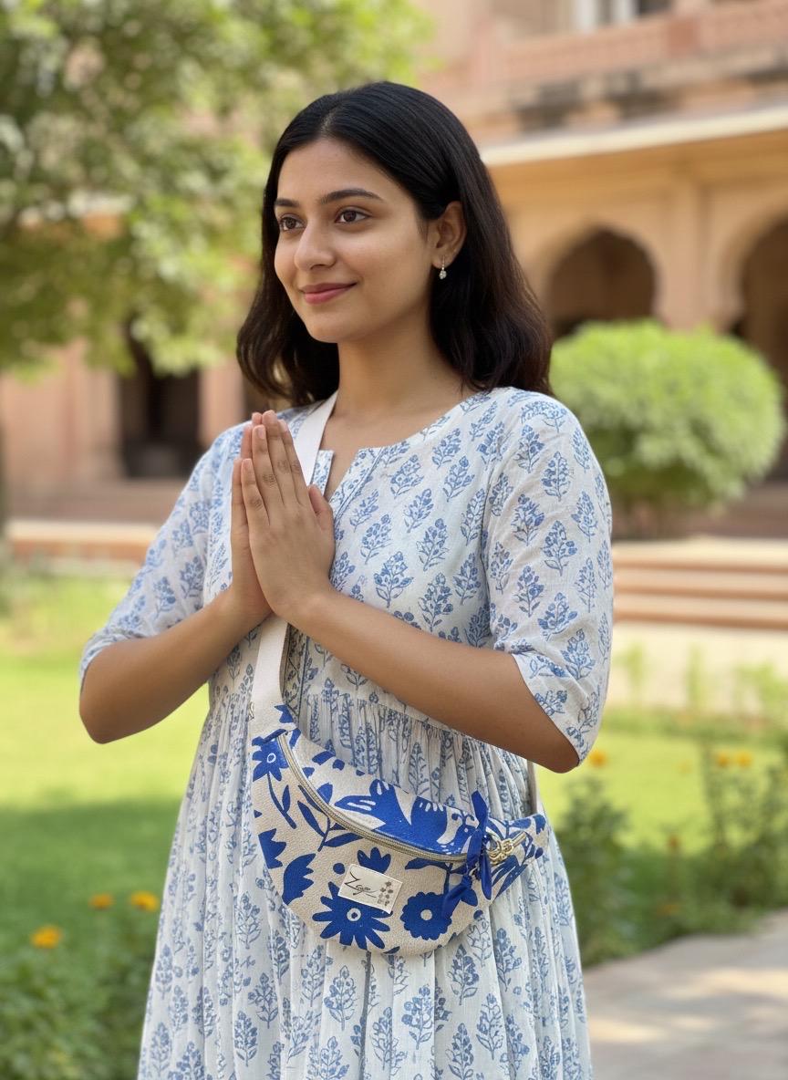 Sac banane femme Eté | toile indienne beige avec motifs bleus  & doublure bleuSac Femme Zage Colorful Life