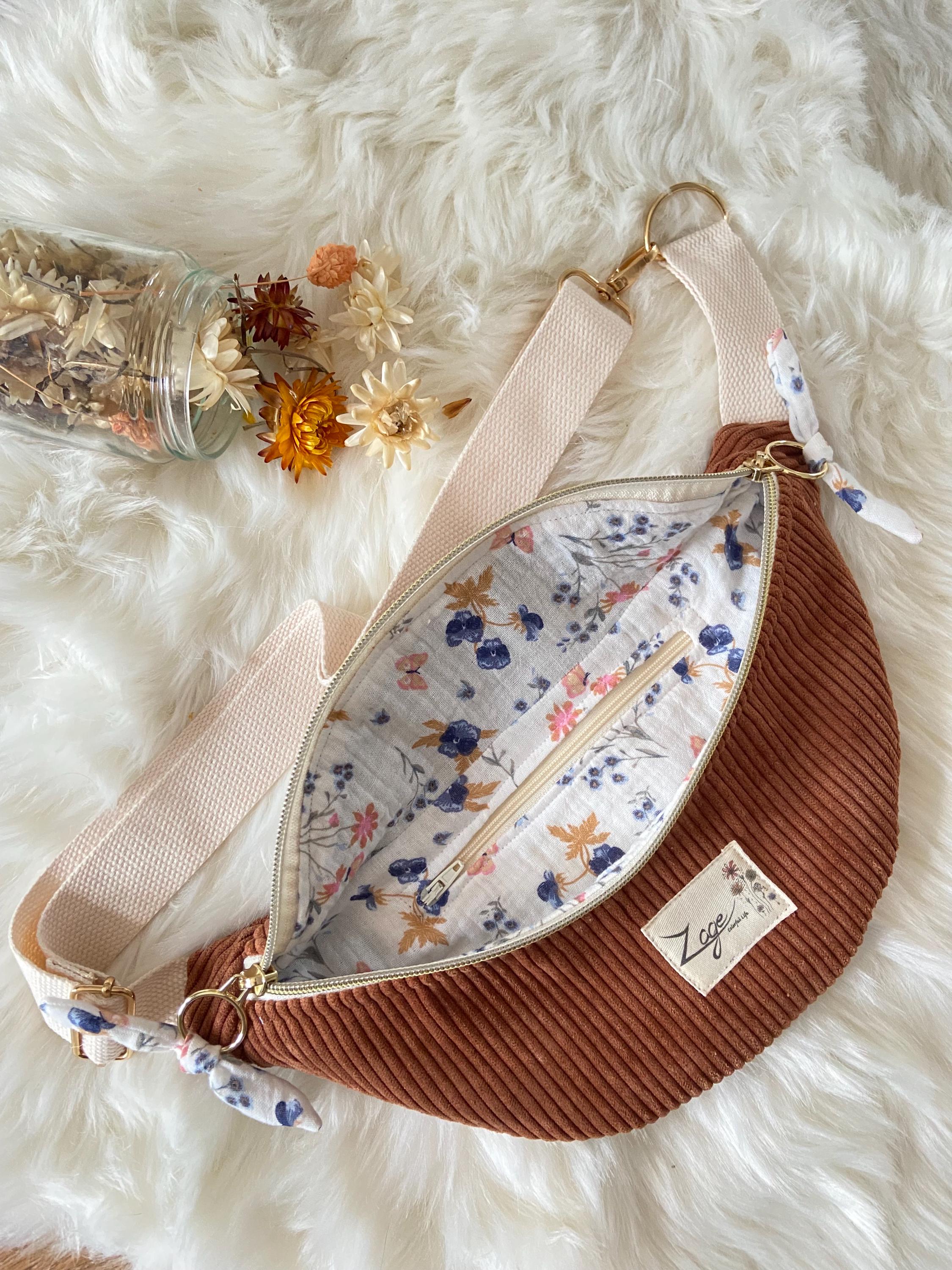 Sac banane femme hiver | Velours côtelé marron & doublure gaze de coton fleuriSac Femme Zage Colorful Life