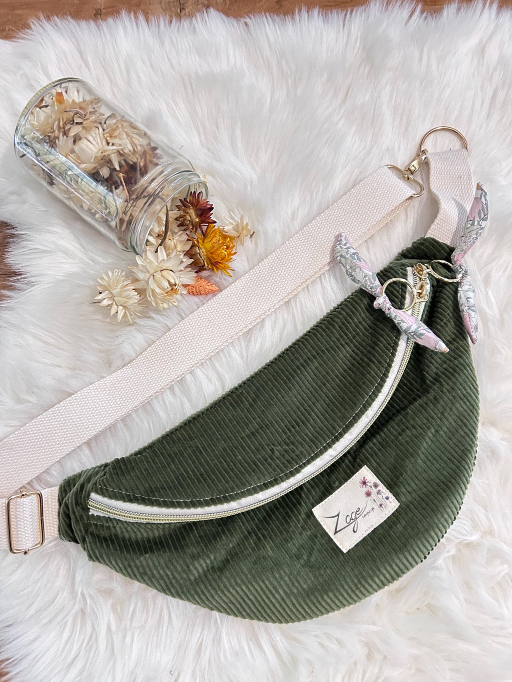 Sac banane femme hiver | Velours côtelé vert kaki & doublure liberty roseSac Femme Zage Colorful Life
