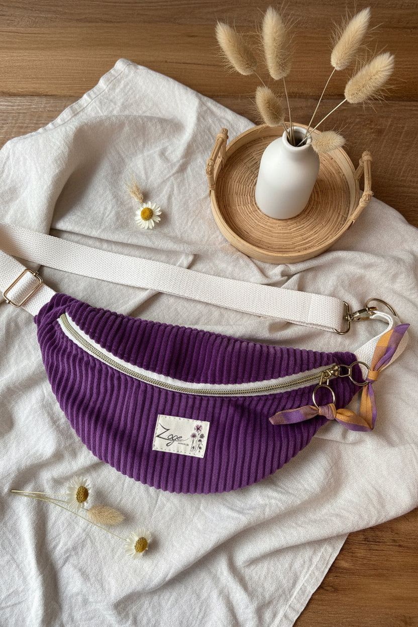 Sac banane femme hiver | Velours côtelé violet & doublure seersucker carreaux violet jauneSac Femme Zage Colorful Life