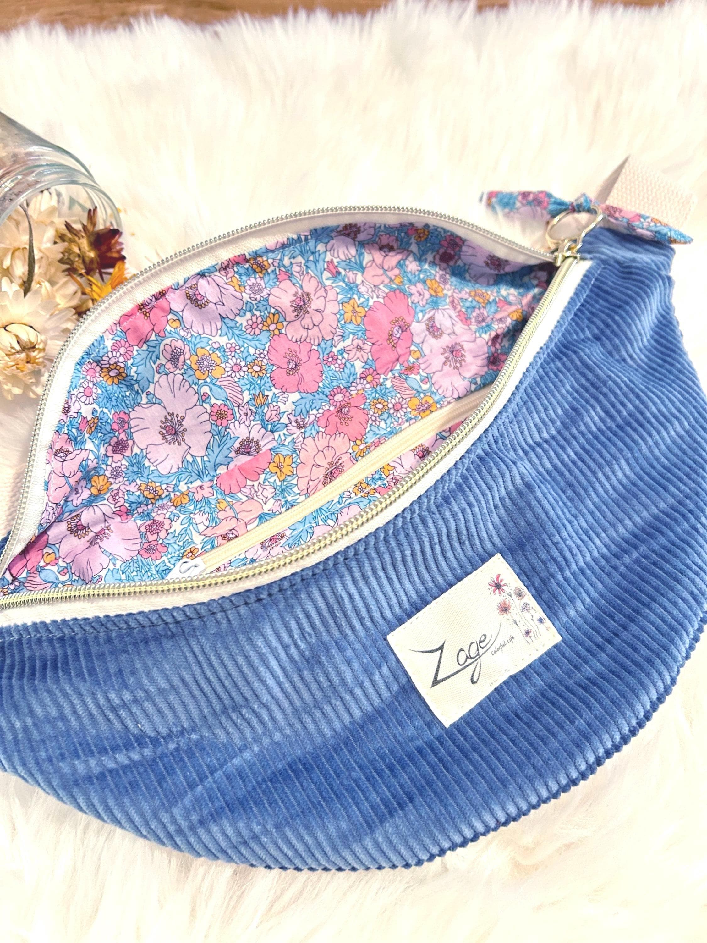 Sac banane femme hiver | Velours côtelé bleu & doublure liberty bleu et roseSac Femme Zage Colorful Life
