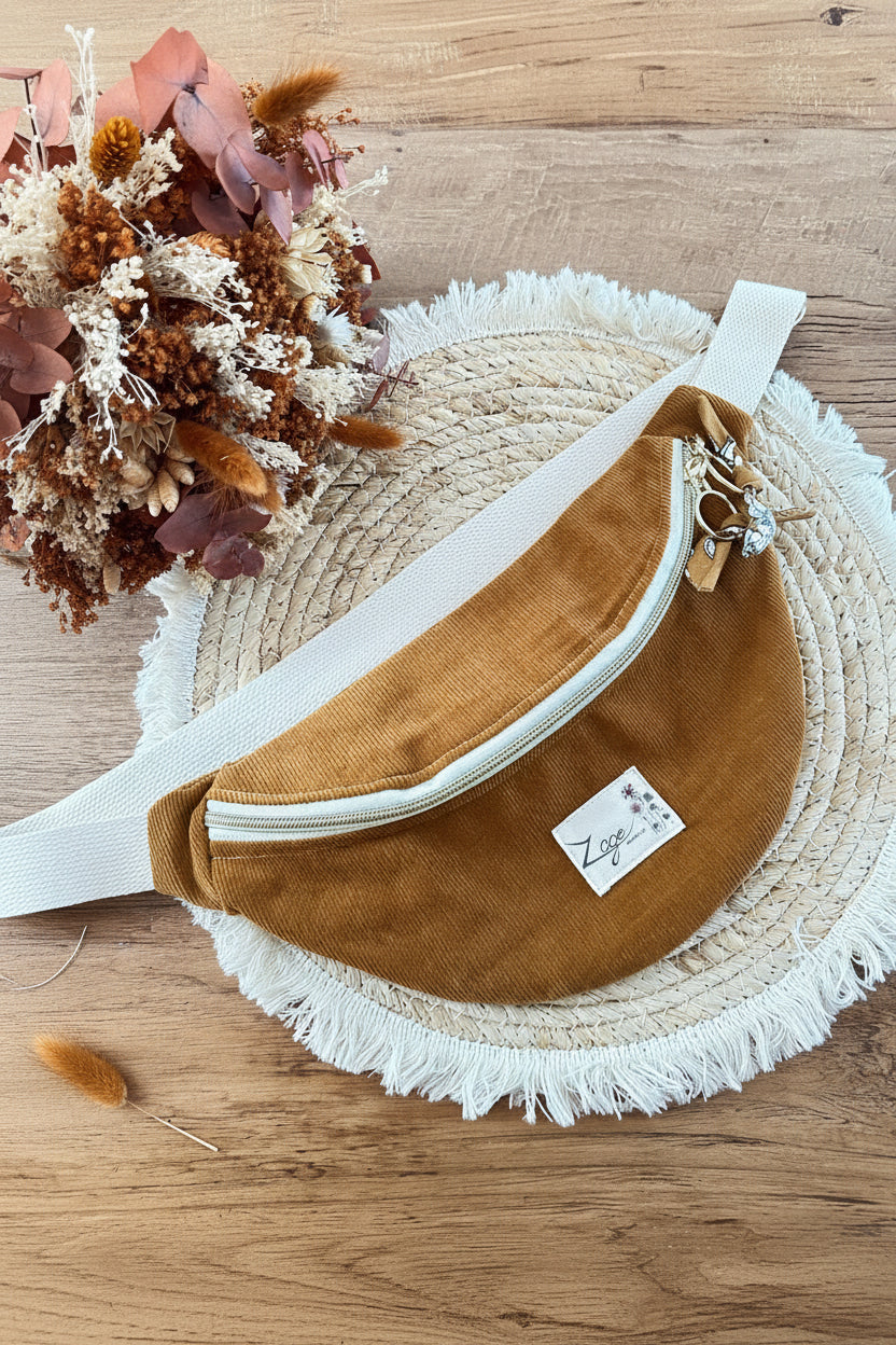 Sac banane femme hiver | Velours côtelé marron ocre & doublure fleurie ocreSac Femme Zage Colorful Life