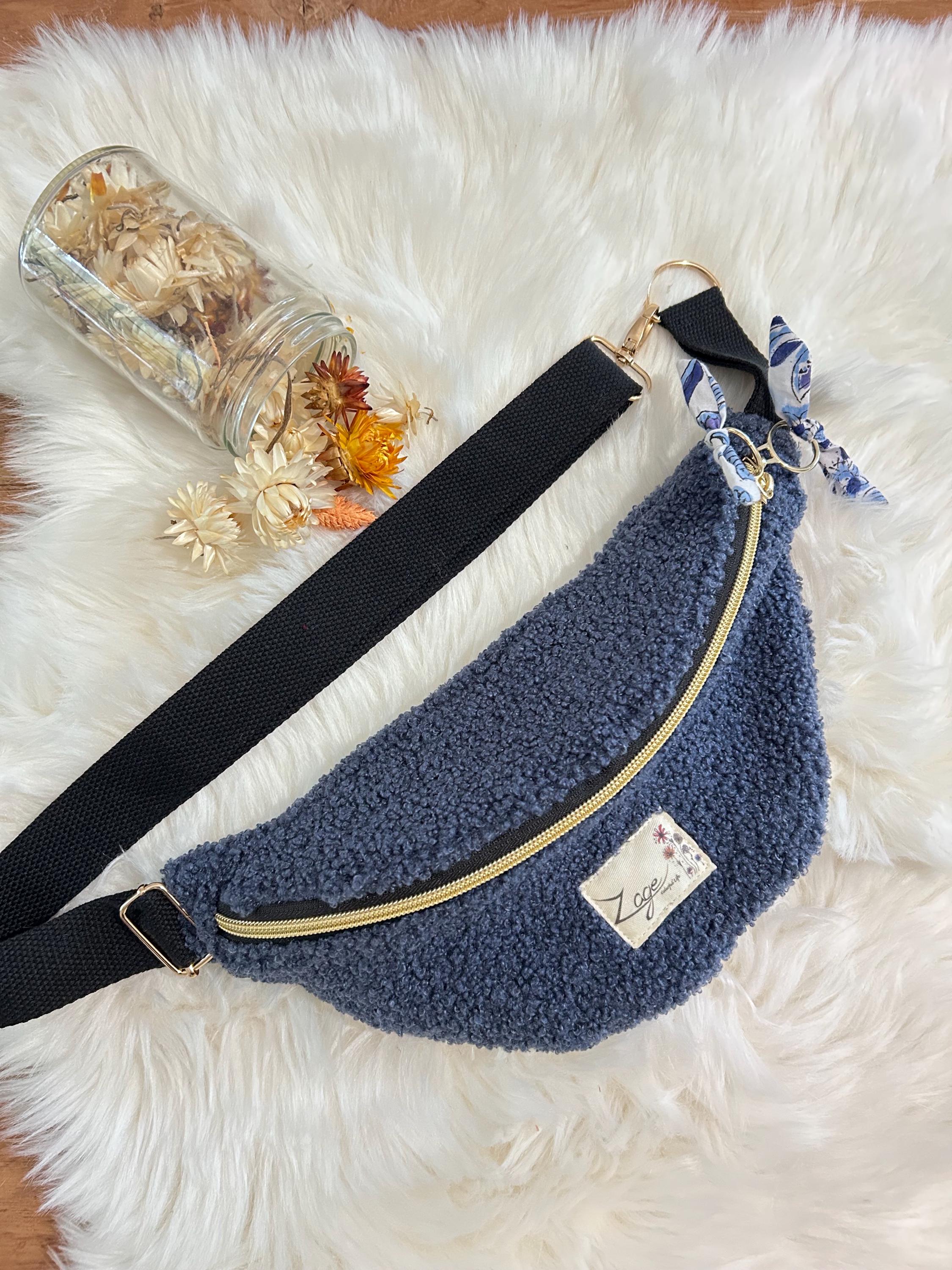 Sac banane femme hiver | Bouclettes bleues  & doublure tissu indien fleuri bleuSac Femme Zage Colorful Life