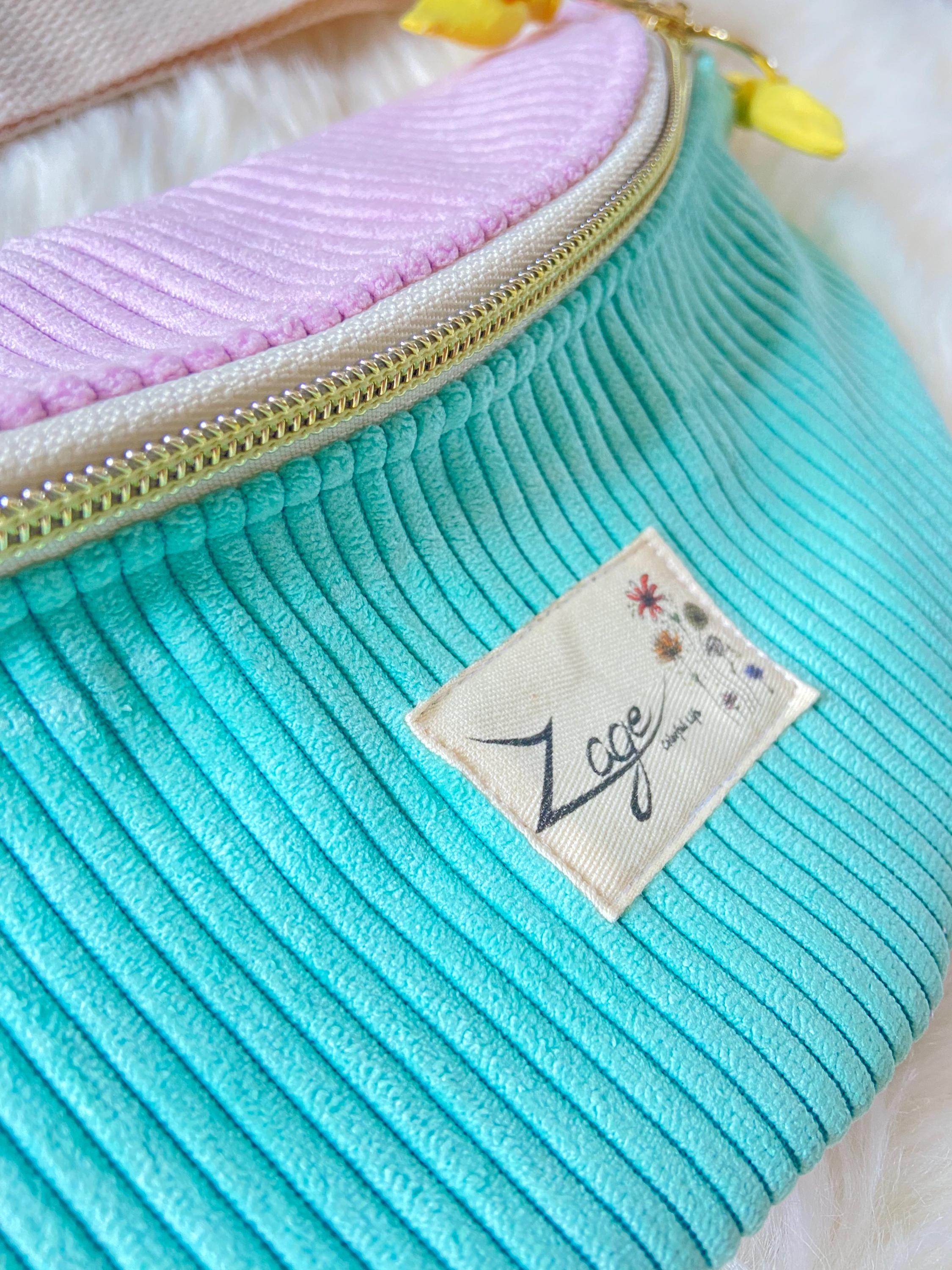 Sac banane femme hiver | Velours côtelé vert et parme & doublure jauneSac Femme Zage Colorful Life
