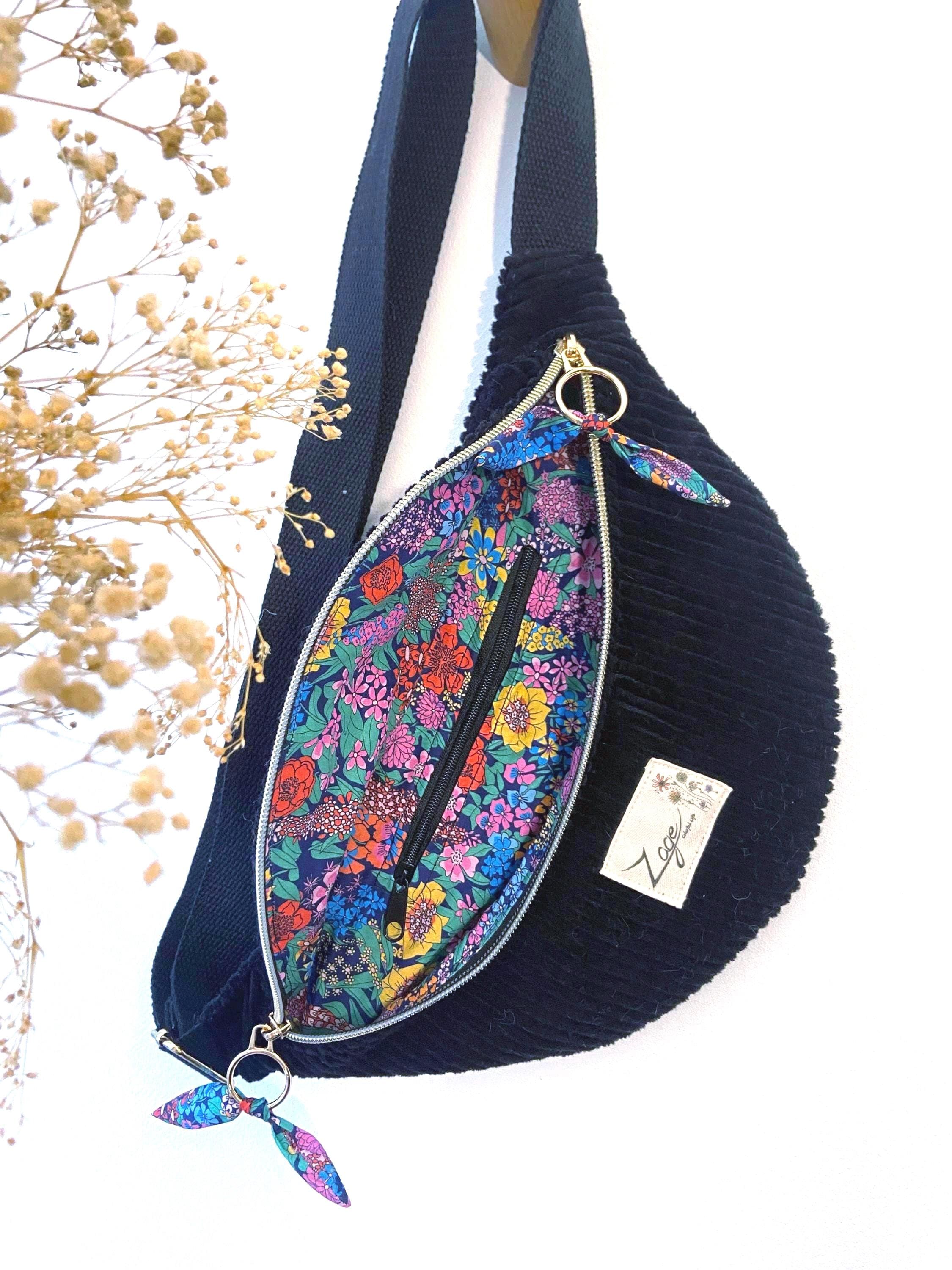 Sac banane femme hiver | Velours côtelé noir & doublure liberty multicoloreSac Femme Zage Colorful Life